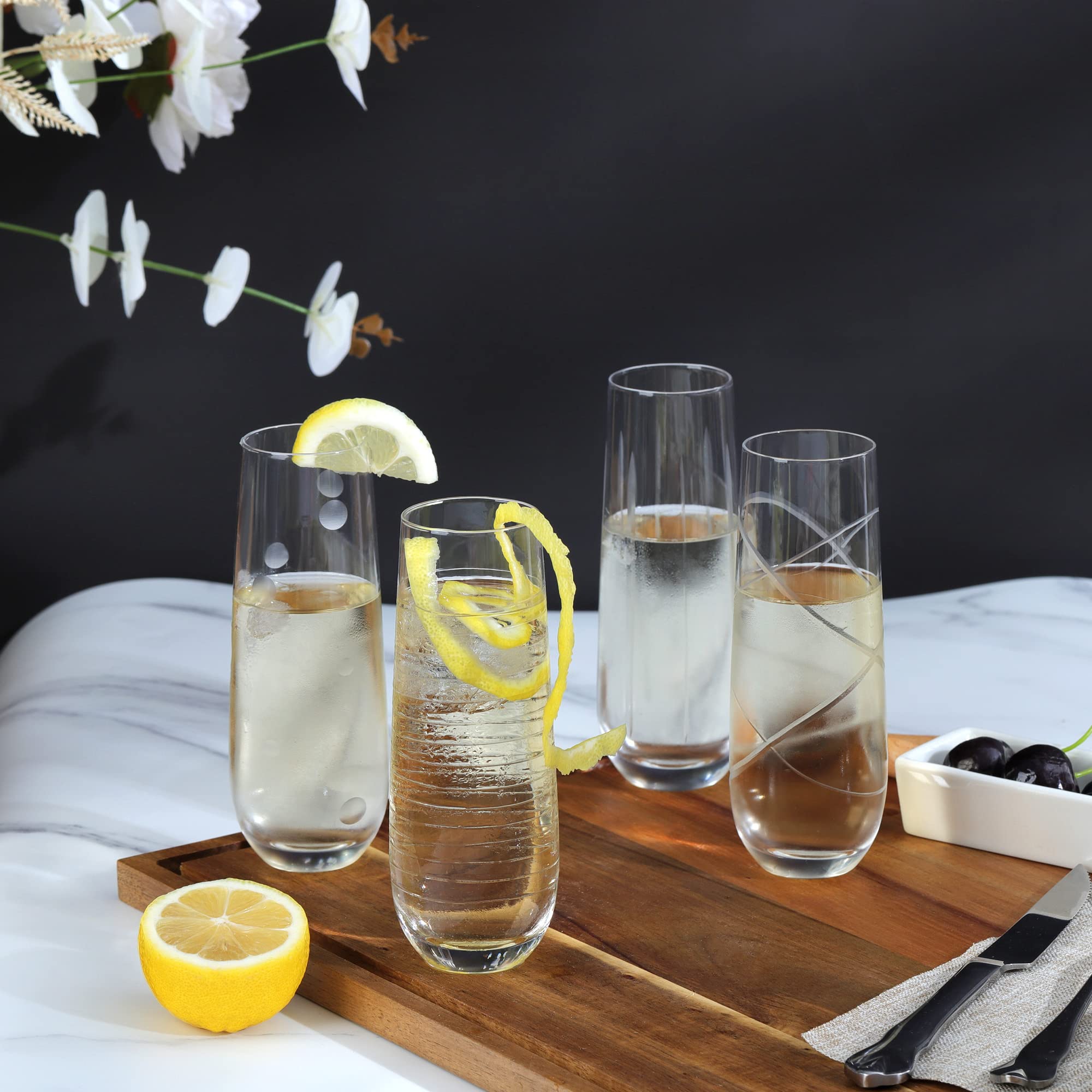 Joeyan 290ml Flute di Champagne Senza Stelo Inciso - Set di 4 Bicchiere da Champagne con Modello di Punti e Linee - Calici da Vino per Casa, Ristorante, Bar - Regalo per Uomo o Donne