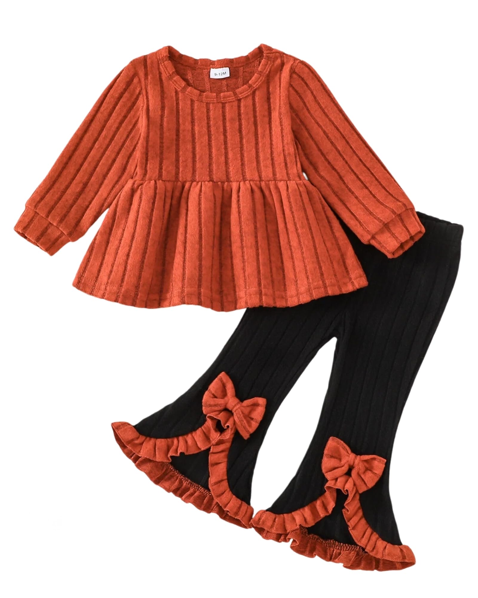 Ichigobaby Baby Toddler Girl Clothes 2 Piece Fall Winter Outfits For 9M-4Y | Solid Ruffle Top + Bowknot Flare Leggings,Color-Block,Cute,Soft,Cotton,Perfect For Daily Wear,Home,Outdoor,Gift,Birthday