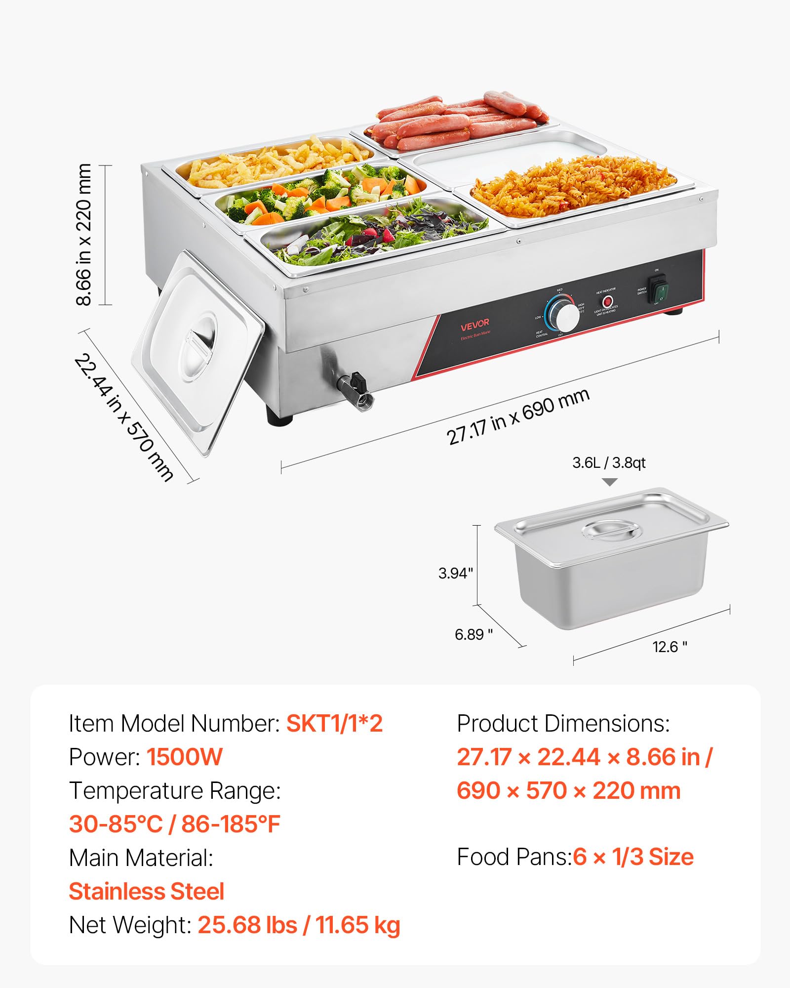 VEVOR Scaldavivande Commerciale con 6 Contenitori e Cavo di Alimentazione, in Acciaio Inossidabile da 1500 W, Contenitori per Stazione di Riscaldamento per Alimenti a Bagnomaria per Ristoranti