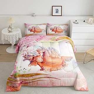 Coastal Beach Bedding Sets King Size, Girls Cherry Blossoms Floral Comforter Set, Kids 3D Seashell Ocean Theme Down Comforter, Marine Life Bedding Room Decor, Japanese Style Quilted Comforter, Pink