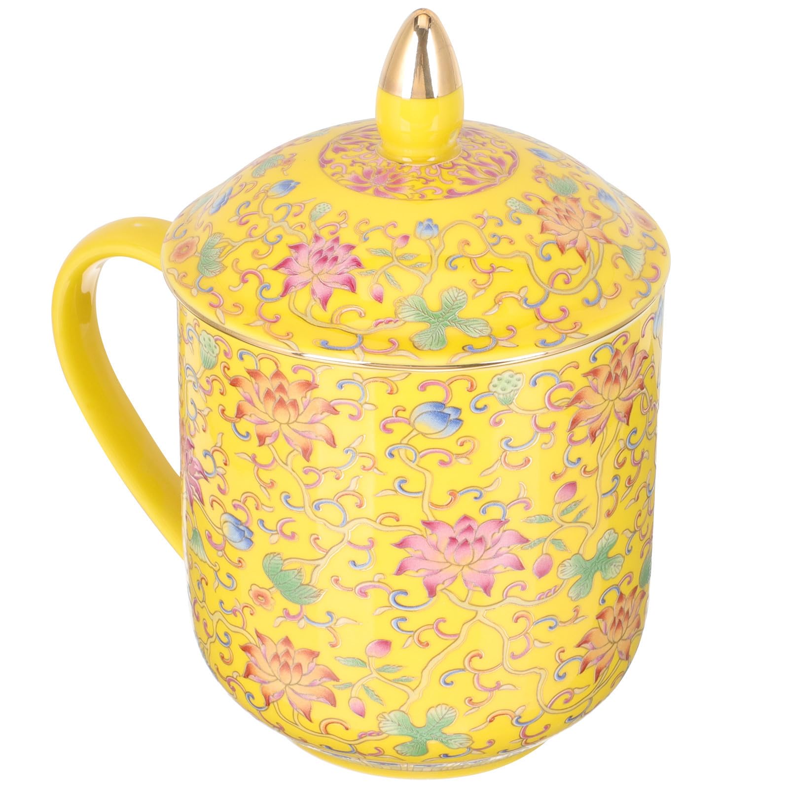 Keramiktasse mit Deckel, Gelb, Retro, Klassische Teetasse