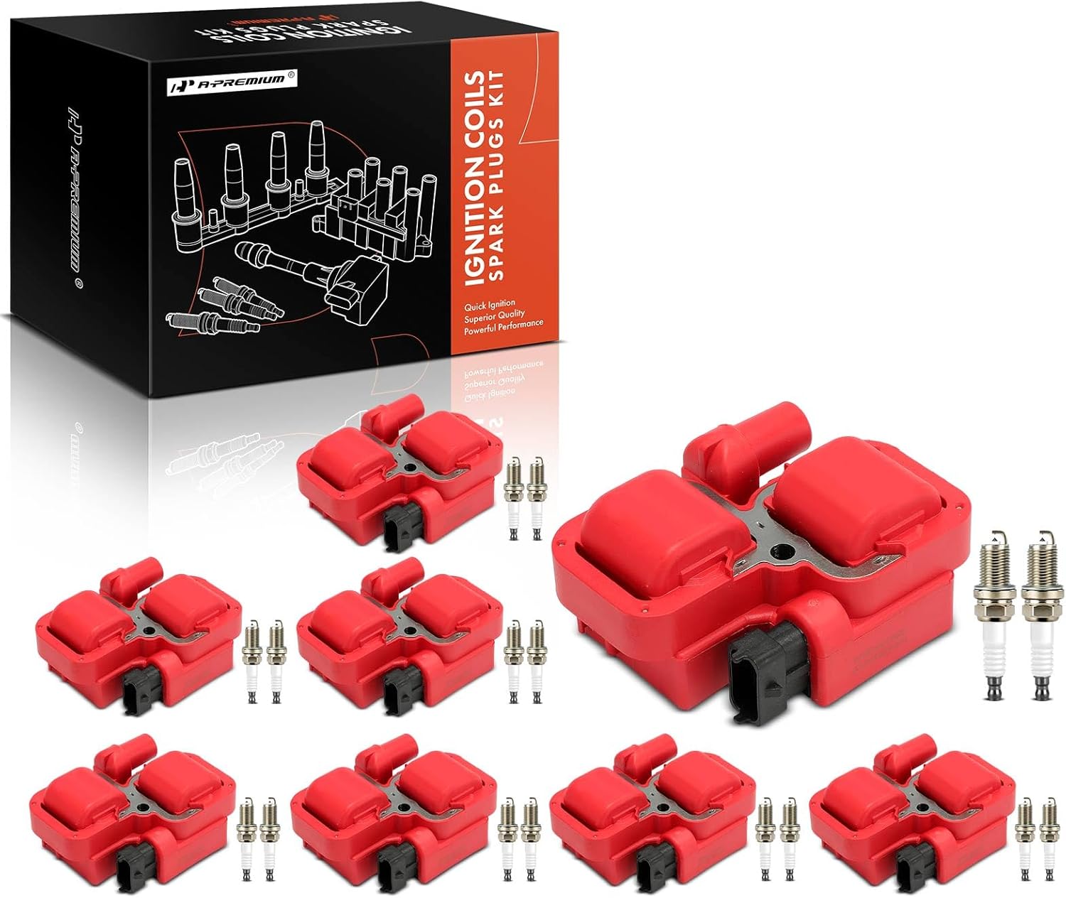 A-Premium(Red)8x Ignition Coil Pack and 16x Iridium Spark Plugs Compatible with Mercedes-Benz C43 AMG, C55 AMG, E430, E500, E55 AMG, S430, S500, S55 AMG, CLS500, G500, SL500, R500, B200, CL500, CLK430