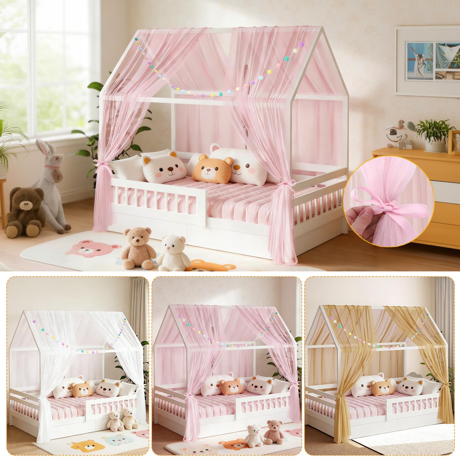 2 pezzi Tenda da letto a baldacchino per lettino bambini, 160x350cm con ghirlanda di pompon colorata e fasce di fissaggio, tende leggere e traspiranti per decorazione (Rosa)