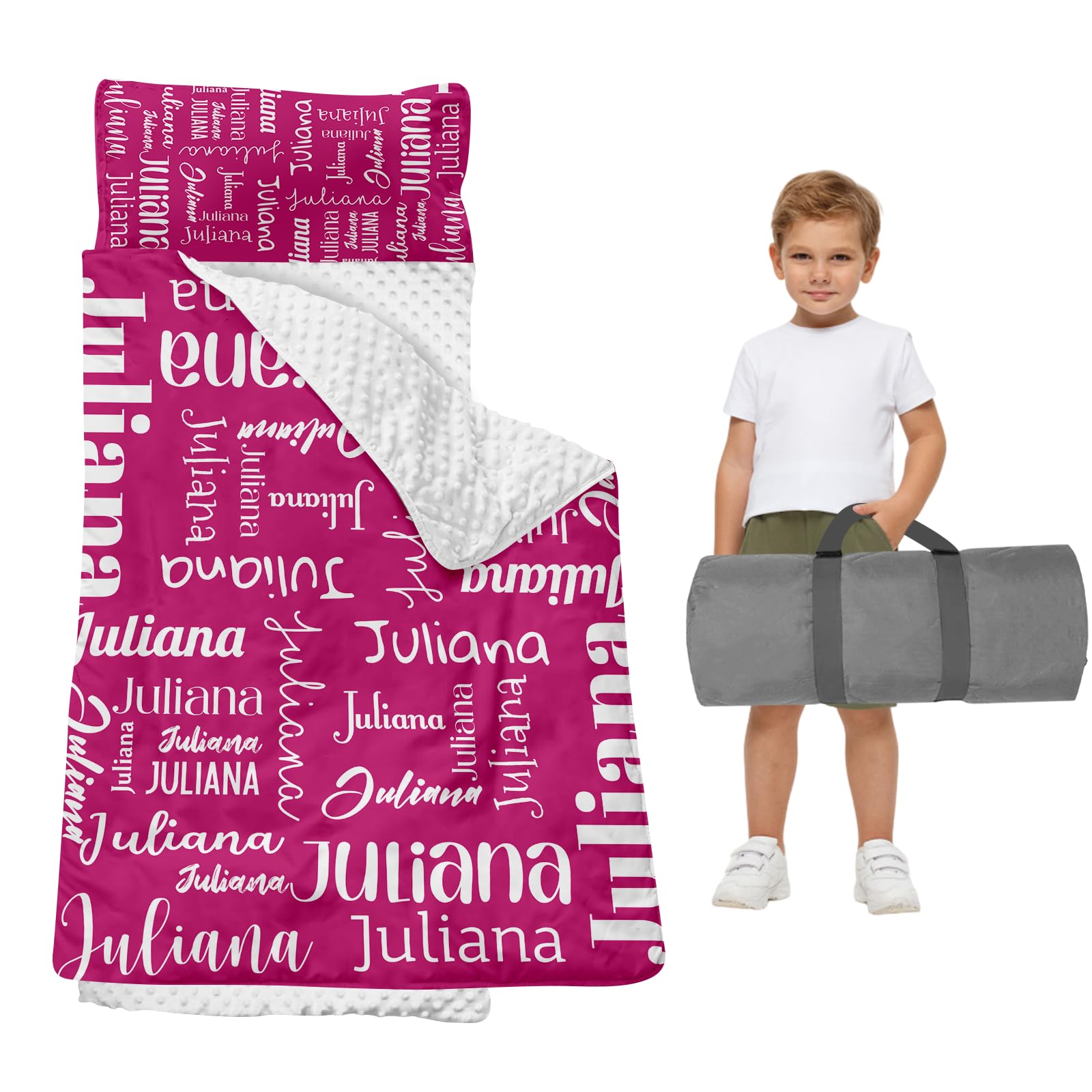 Duckbe Toddler Daycare Nap Mat - Preschool Sleeping Bag with Pillow and Blanket, Custom Preschool Nap Gift for Kids, Comfortable & Cozy Nap Mat for Toddler Girl and Boy, Dark Pink & White