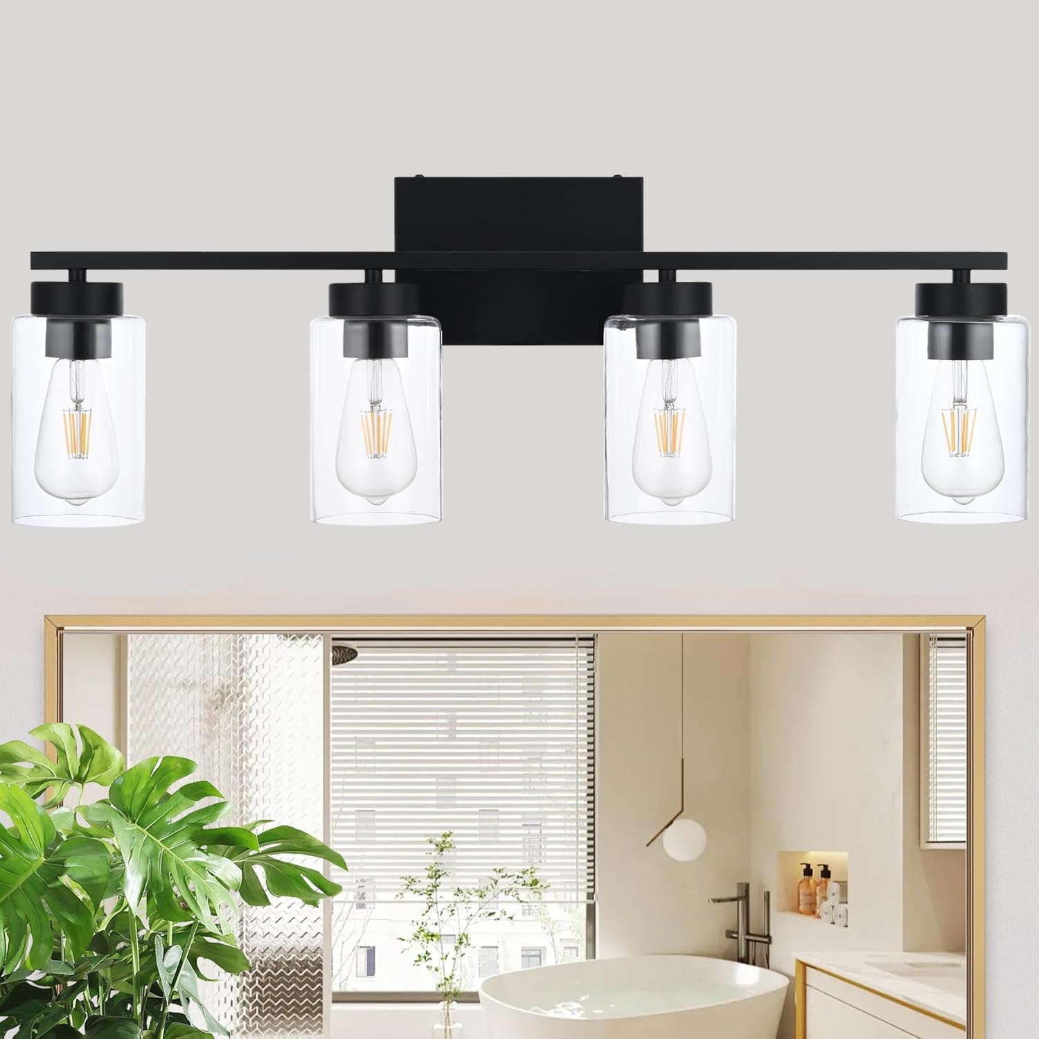 4 Light Bathroom Vanity Light Fixtures, Matte Black Modern Wall Lights with Clear Glass Shade, Vintage Wall Sconce Lighting for Living Room, Mirror, Bedroom, Hallway (Black, 4-Lights)