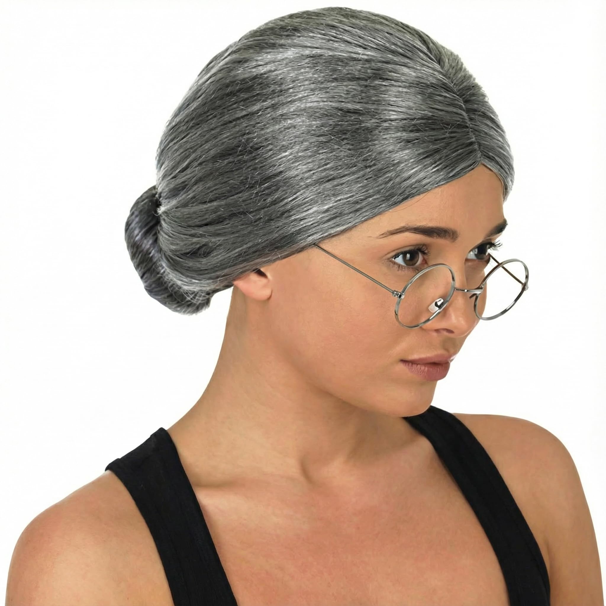 3 otters Grandma Costume for Women, Grandma Wig with Granny Glasses, 100 Days of School Costume for Girls Dress Up Cosplay Family Party Surprise