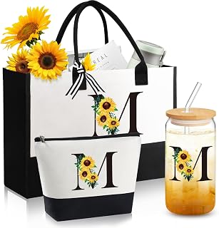 Personalized Gifts for Women, Monogrammed Gifts for Women, Initial Monogram Sunflower Birthday Mothers Day Gift for Mom Sister Best Friends - Monogrammed Canvas Tote Bag & Makeup Bag & Glass Cup M