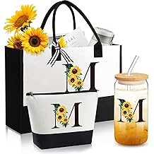 Personalized Gifts for Women, Monogrammed Gifts for Women, Initial Monogram Gift Sunflower Birthday Gift for Mom Sister Best Friends - Monogrammed Canvas Tote Bag &amp; Makeup Bag &amp; Glass Cup M