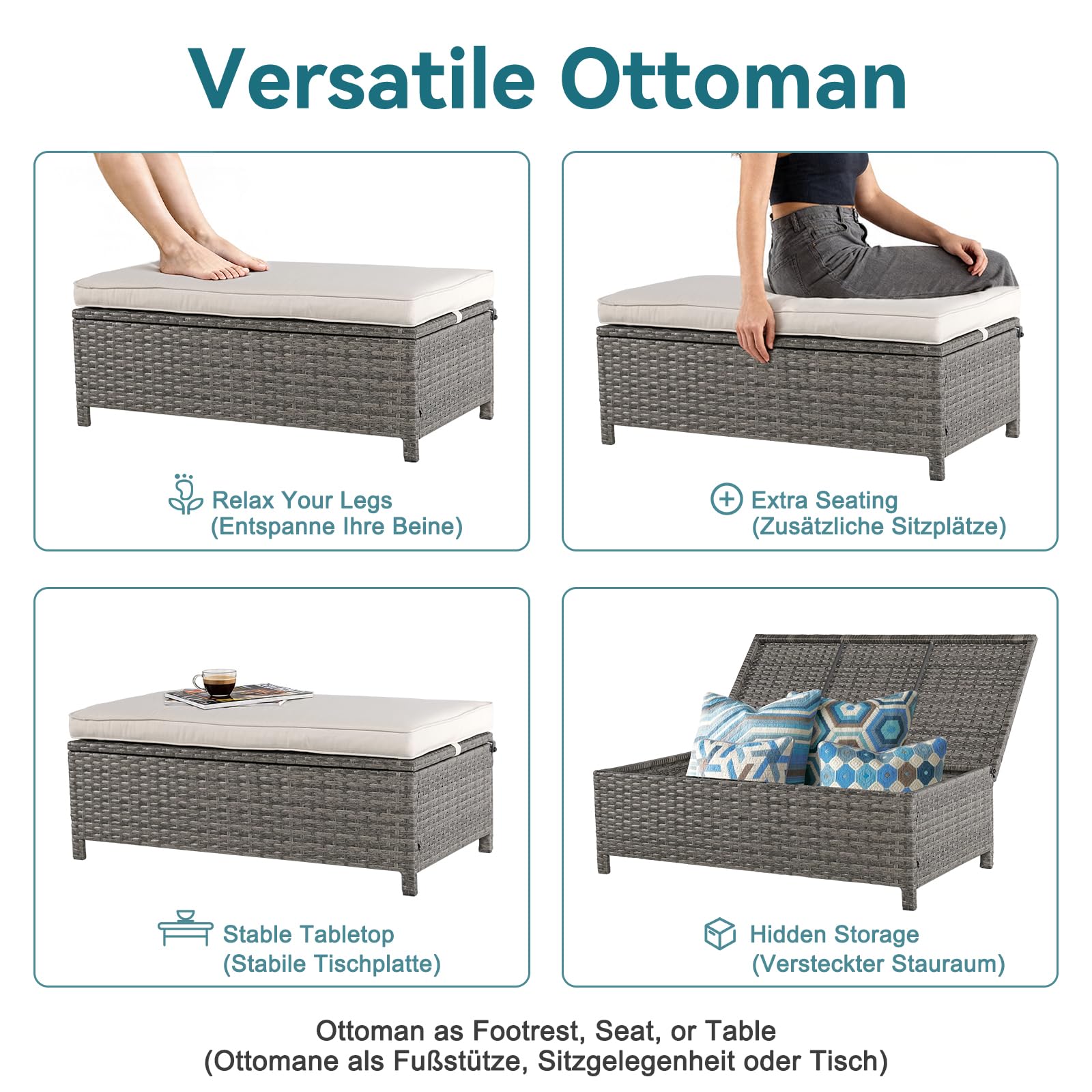 OC Orange-Casual 2-TLG Outdoor Rattan Gartenmöbel, Terrasse Loveseat mit Couchtisch, mit integriertem Staufach, grauem Rattan und beigen Kissen
