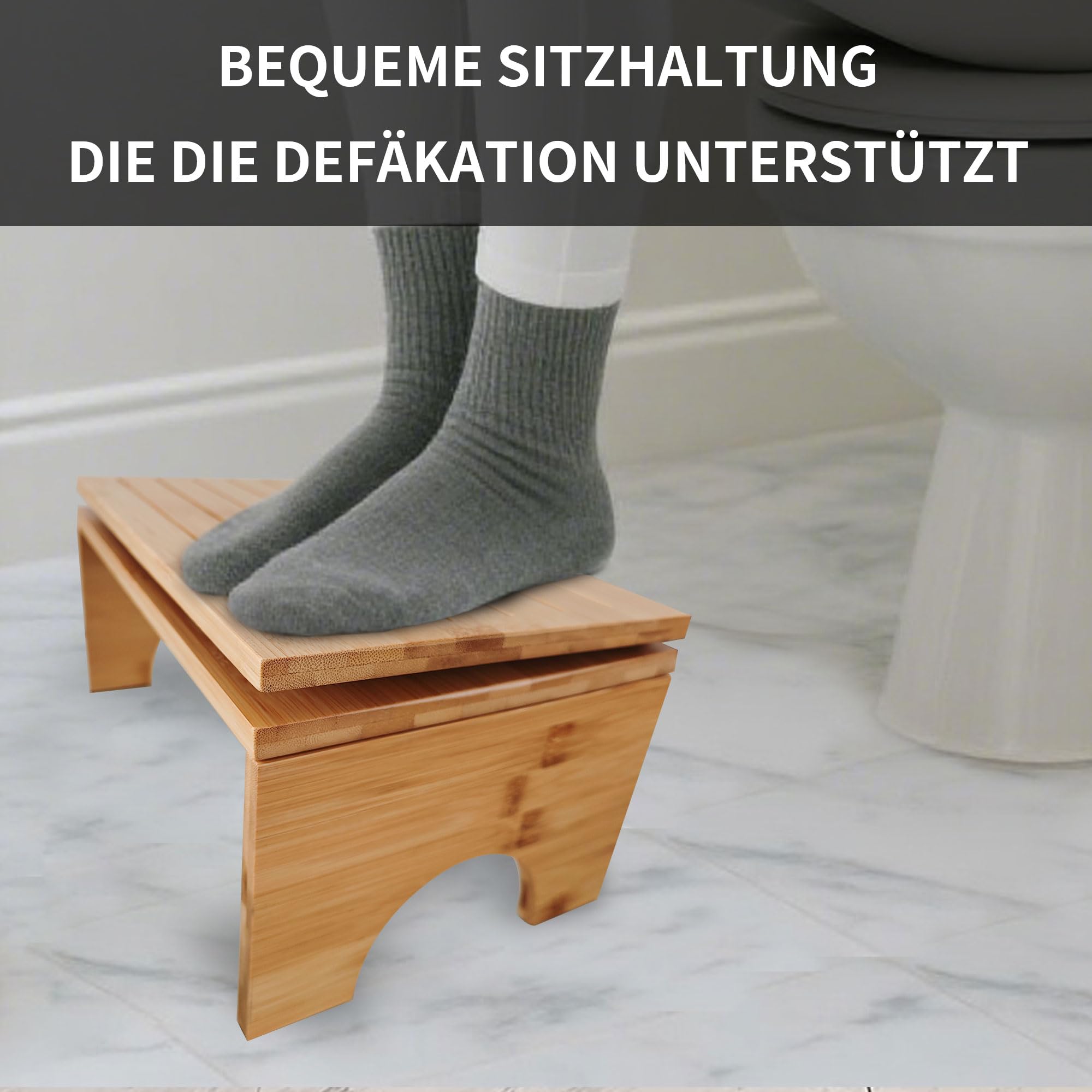 Sgabello WC pieghevole in bambù – Sgabello ergonomico per bagno con 4 marce regolazione dell'inclinazione (18 – 27 cm), antiscivolo, pieghevole, per adulti e bambini