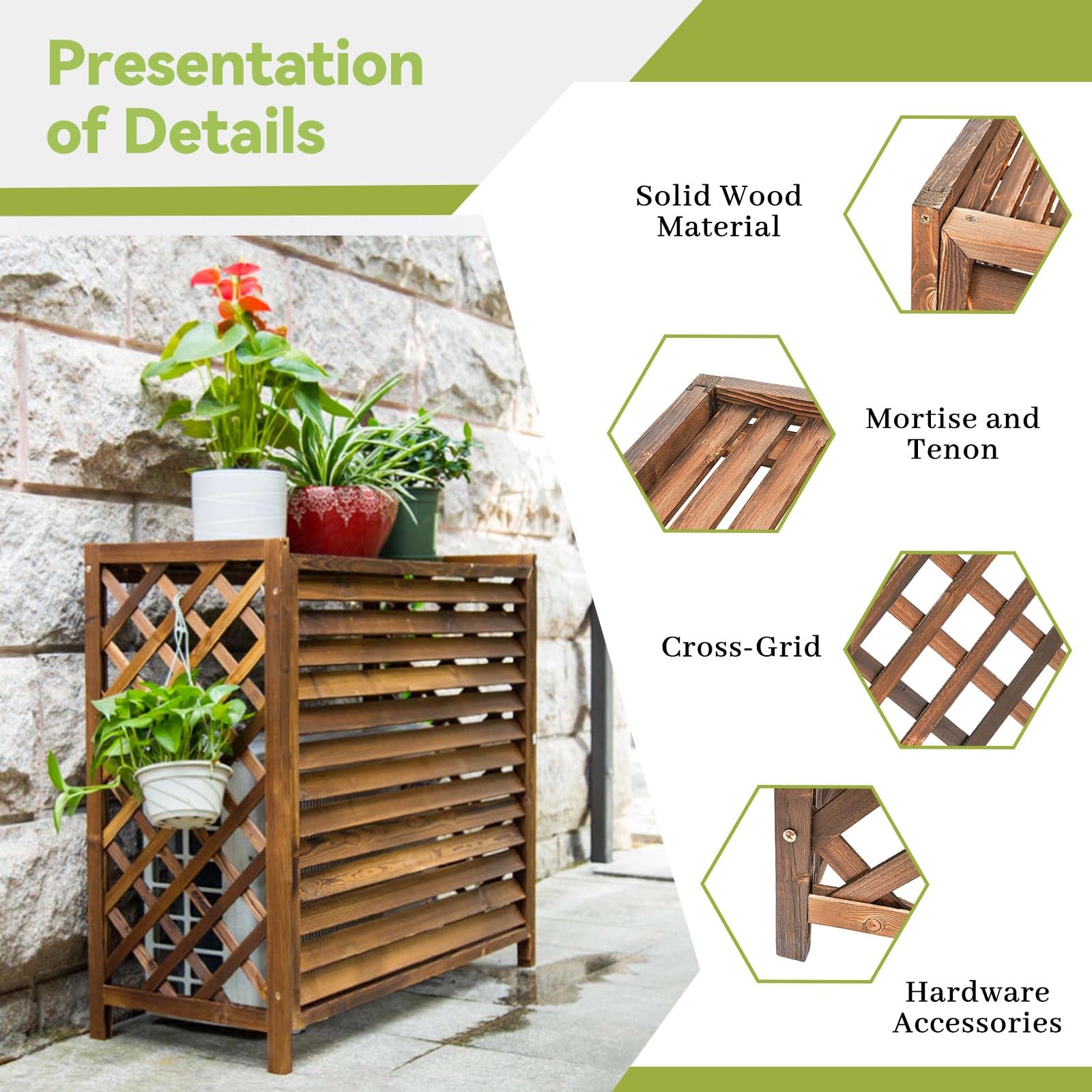Cubierta Aire Acondicionado Exterior Madera Protector Aire Acondicionado Exterior Grande Valla De Madera Cubre Balcones Exterior Puesto De Flores Para Jardín Balcón Decoración Terraza(86x35x80cm)