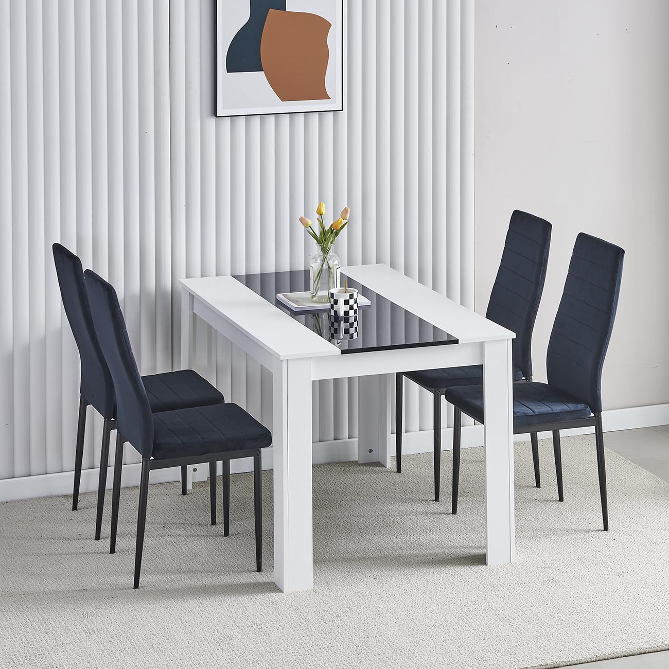 Homullel 120 cm Dining Table and 4 Chairs, 4 Seater Table and Chairs Set, Kitchen Dining Room Set for 4, Compact, Space Saving (Flannel Black, 120cm, 4 Seats)