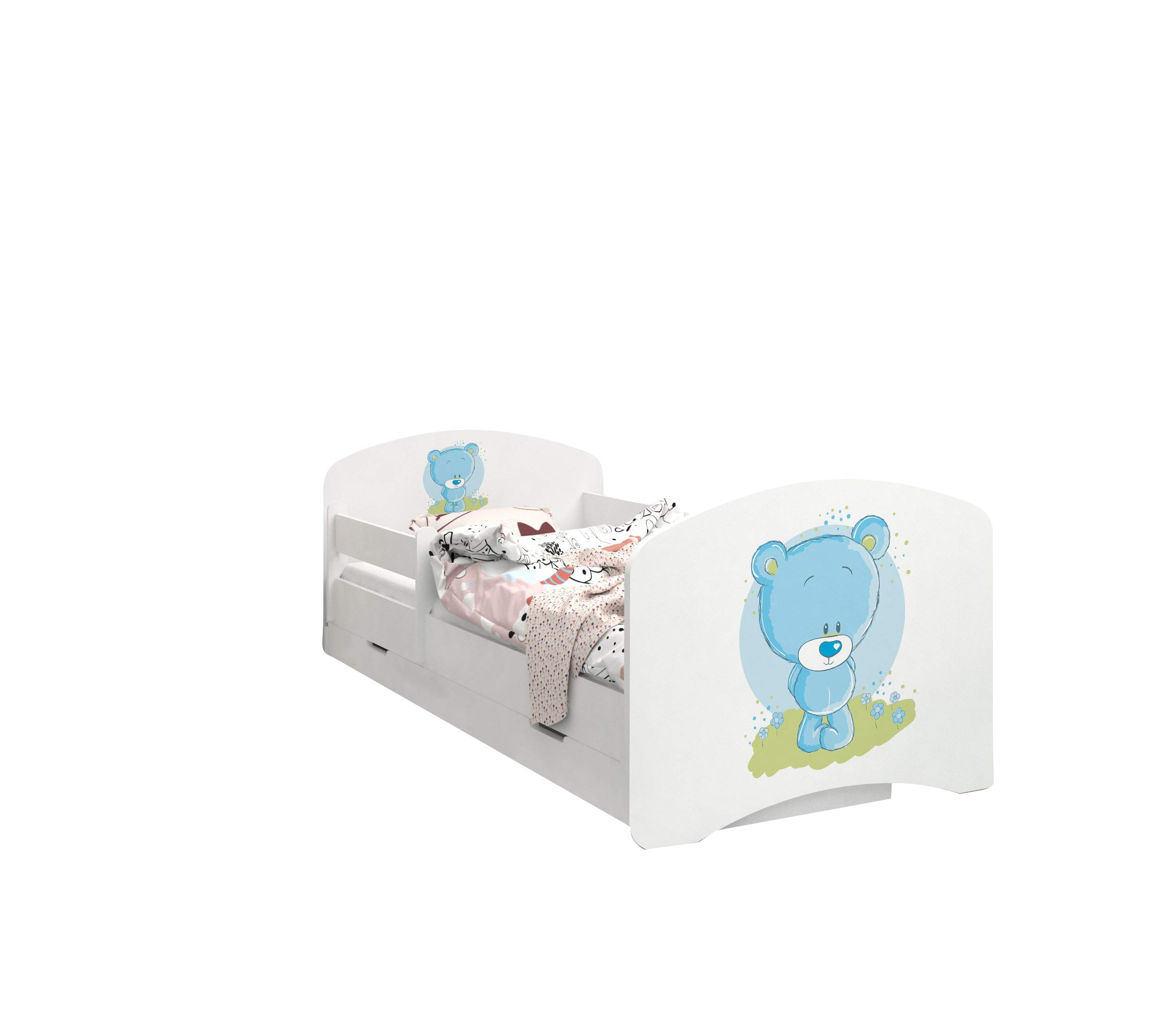 Happy Babies - Dwustronne łóżko dziecięce z szufladą Nowoczesne wzornictwo z bezpiecznymi krawędziami i zabezpieczeniem przed upadkiem materac piankowy 7 cm. (140x70, 17. Niebieski miś)