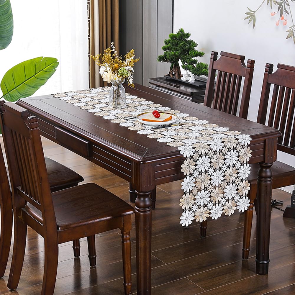 Runner da Tavola in Pizzo Elegante - Decorazione per Matrimoni, Festival, Casa - 40x120 cm, Misto Bianca e Marrone