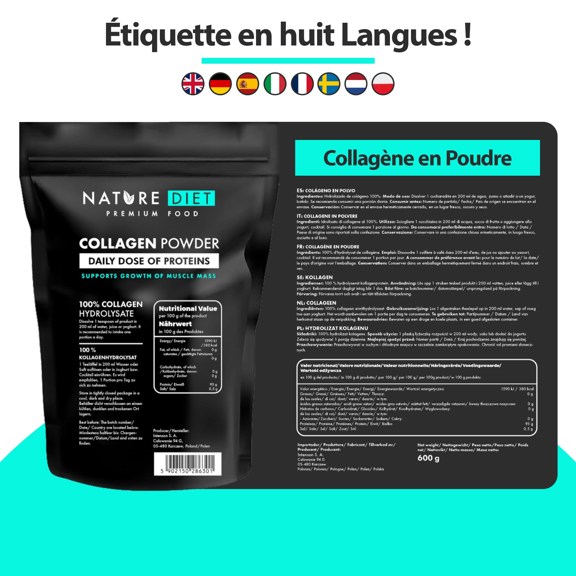 Nature Diet - Poudre de collagène (Type I, III) | 600 g | Hydrolysat | Sans saveur | Peptides de collagène