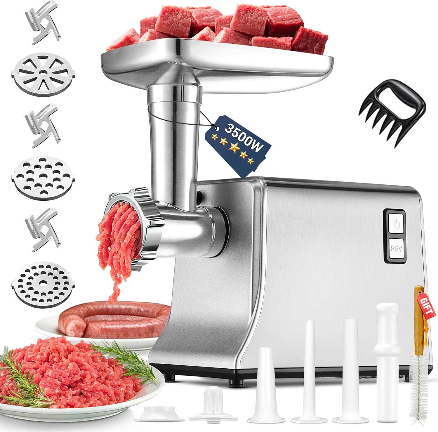 Electric Meat Grinder【3500W Super Motor】【3 Sets SUS304 Blade & Plate】Kubbe Kit, 3 Sausage Tubes, Quick Make for Meat, Kubbe, Sausage, Meat Grinders for Home Use(Gray)