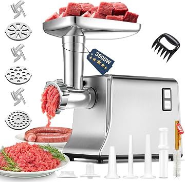 Electric Meat Grinder,Quick Make Kubbe,Sausage for Home UseGray | 3500W Super Motor3 Sets 304 Stainless Steel Blade&PlateMeat Grinders for Home Use with Kubbe Kit,3 Sets Sausage Tubes
