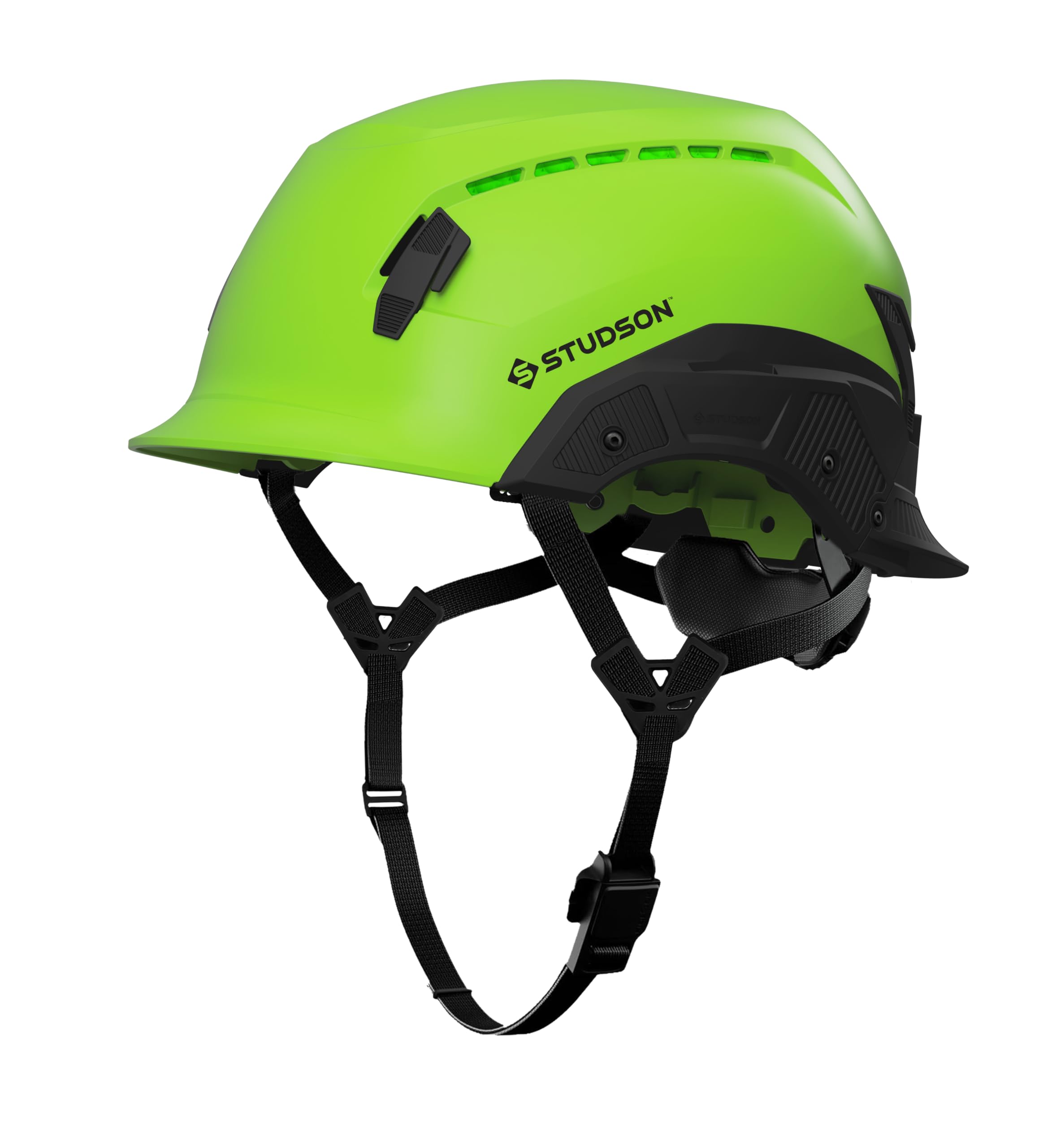 Studson SHK 1 Vented Safety Helmet - Ultralight, Brainshield, Modular Brim, Fidlock Buckle, 4 Point Strap, Breathable, Rainproof, 20KV Protection - Green, L/XL, 58-63cm