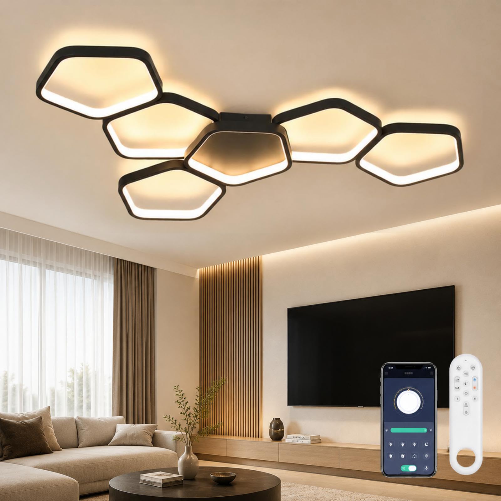 OTREN LED Deckenleuchte Dimmbar mit Fernbedienung, 88 cm 58W, 3000K–6500K, Nachtlicht & Memory-Funktion, Schwarz Deckenlampe für Wohnzimmer, Schlafzimmer, Küche