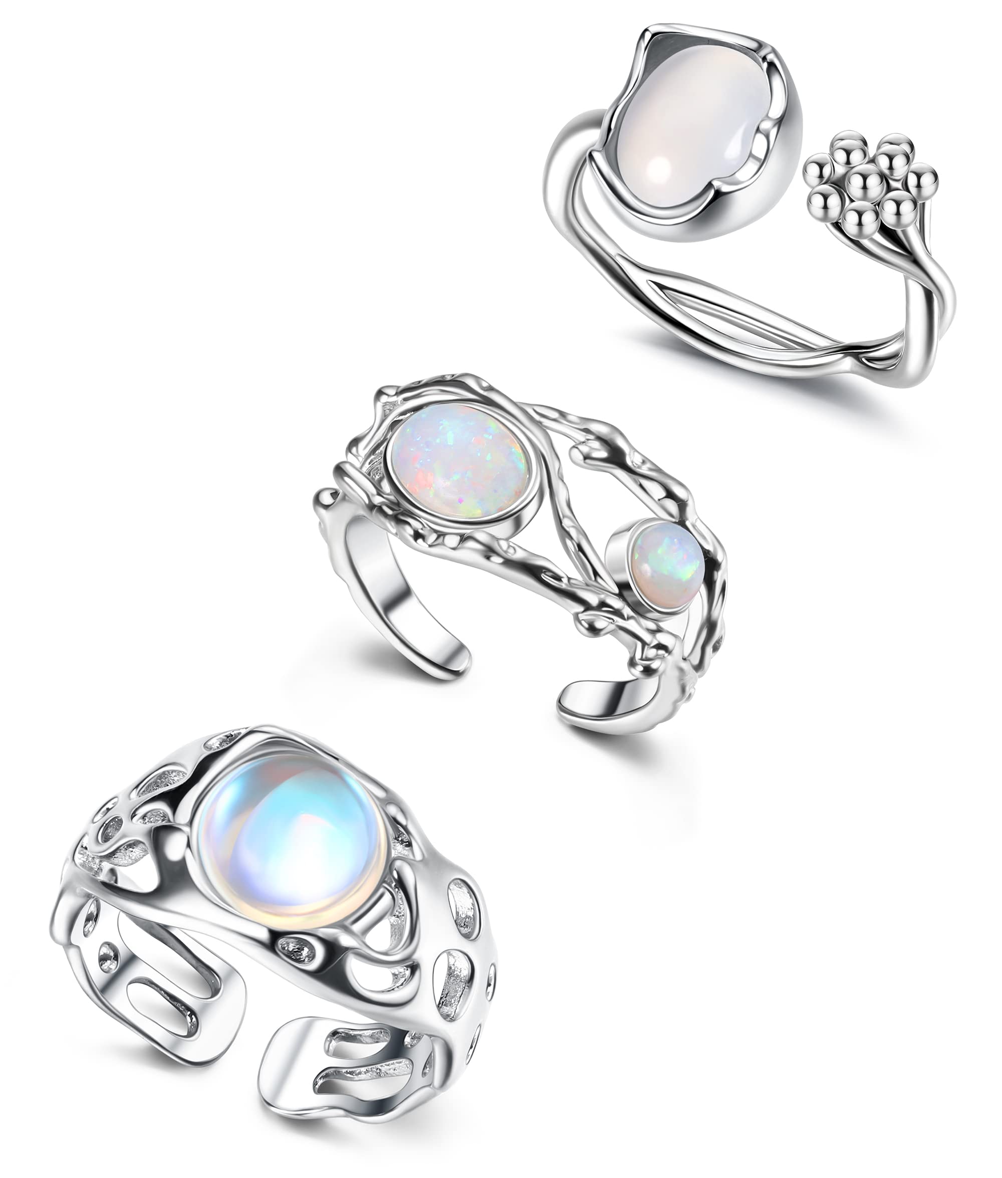 Adramata 3Pcs Y2K Anillos para Mujer Niña Set de Anillos Ajustables con Piedra de Luna Anillos Punk Joyas Y2K Anillos Góticos Opal Anillos Hippies Vintage Plata Anillos para Mujer Accesorios Y2K