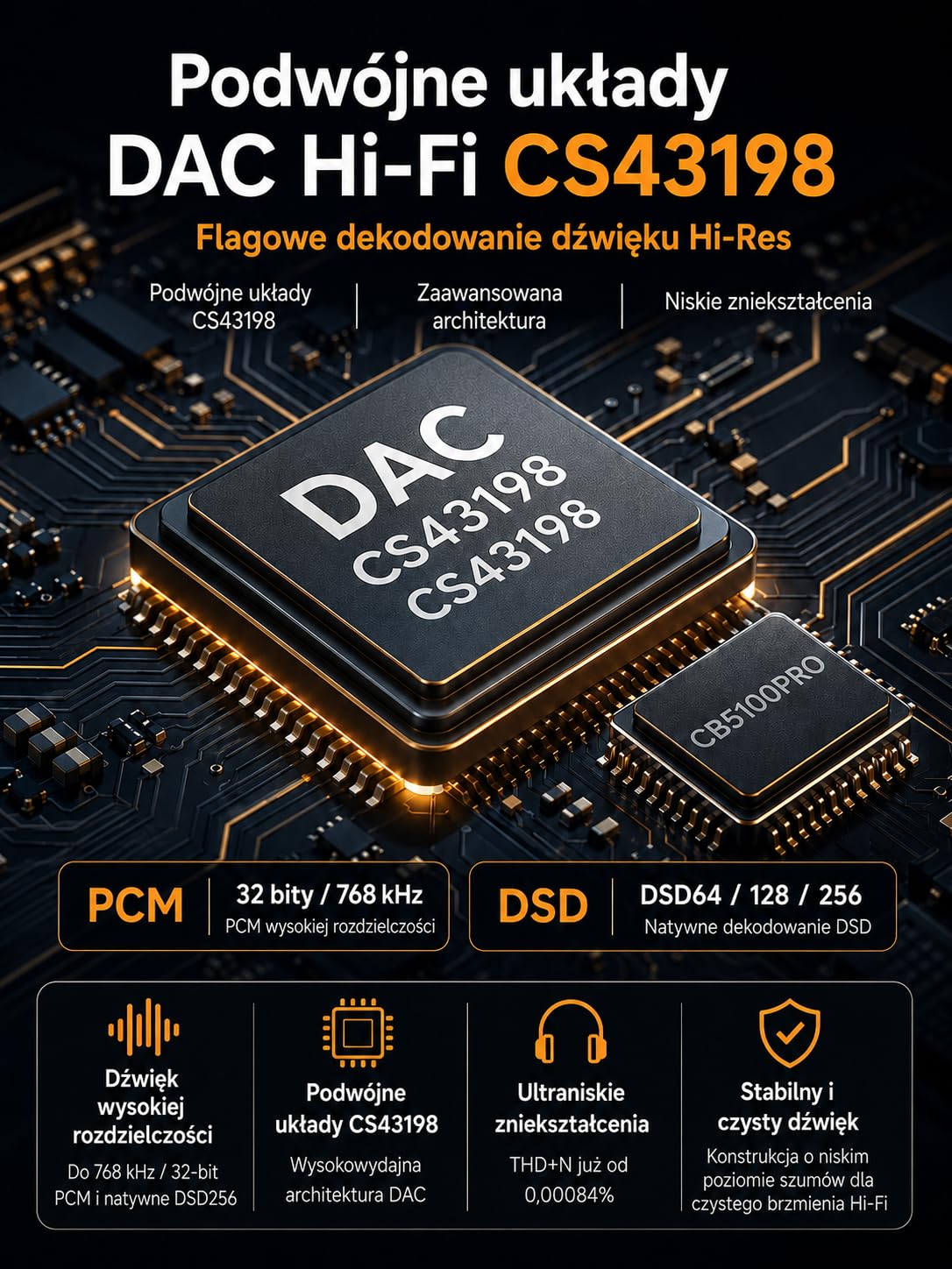 USB C DAC wzmacniacz słuchawkowy, CS43198 HiFi dongle DAC z wyjściem 3,5 mm i 4,4 mm, przenośny DAC AMP, DSD256 32bit/768kHz do IEM, słuchawek, laptopa i PC,pomarańczowy | USB C DAC z CS43198, Hi-Res, 3,5 mm i 4,4 mm