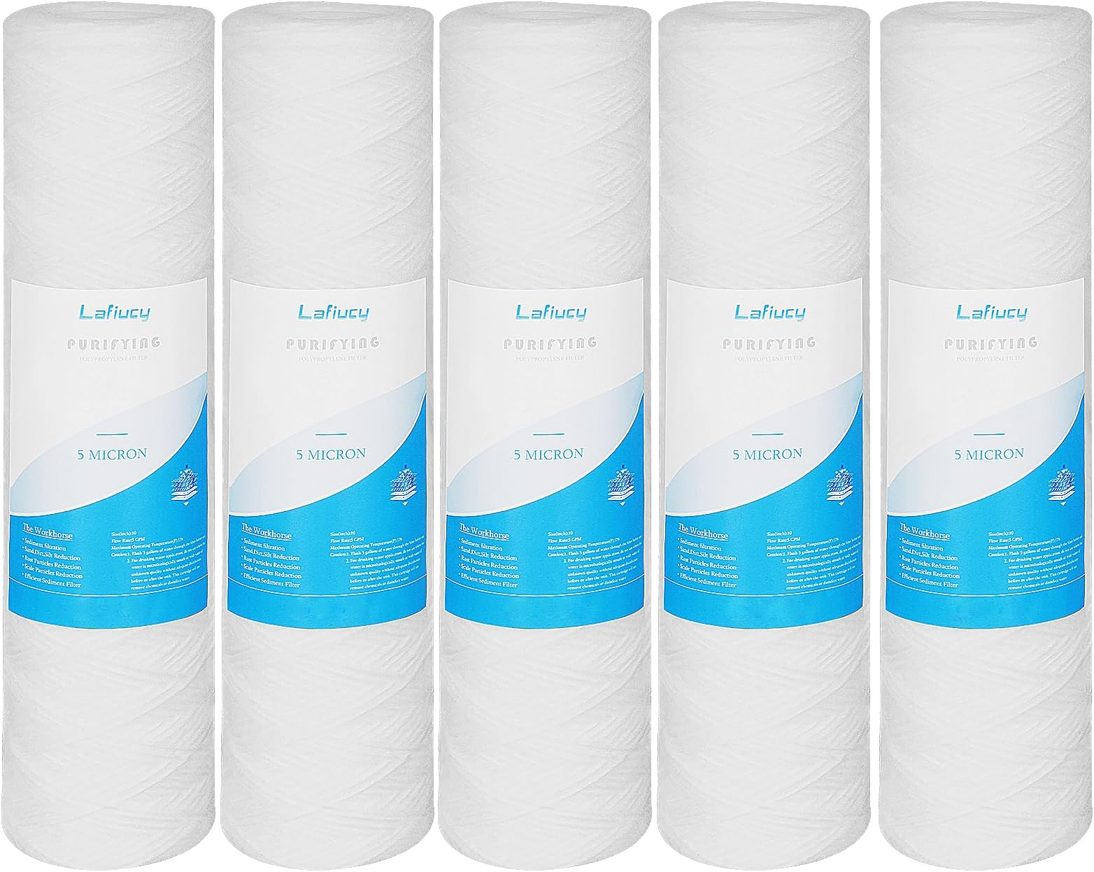 5 Micron 10" x 2.5" String Wound Sediment Water Filter Cartridge,5 Pack,Whole House Sediment Filtration, Universal Replacement for Most 10 inch RO Unit