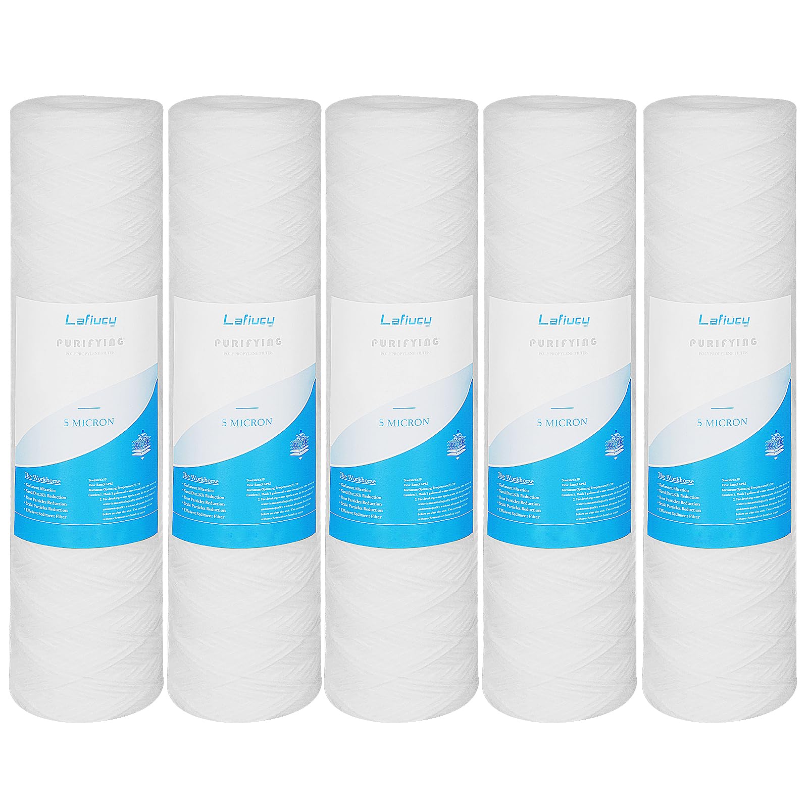 5 Micron 10" x 2.5" String Wound Sediment Water Filter Cartridge,5 Pack,Whole House Sediment Filtration, Universal Replacement for Most 10 inch RO Unit