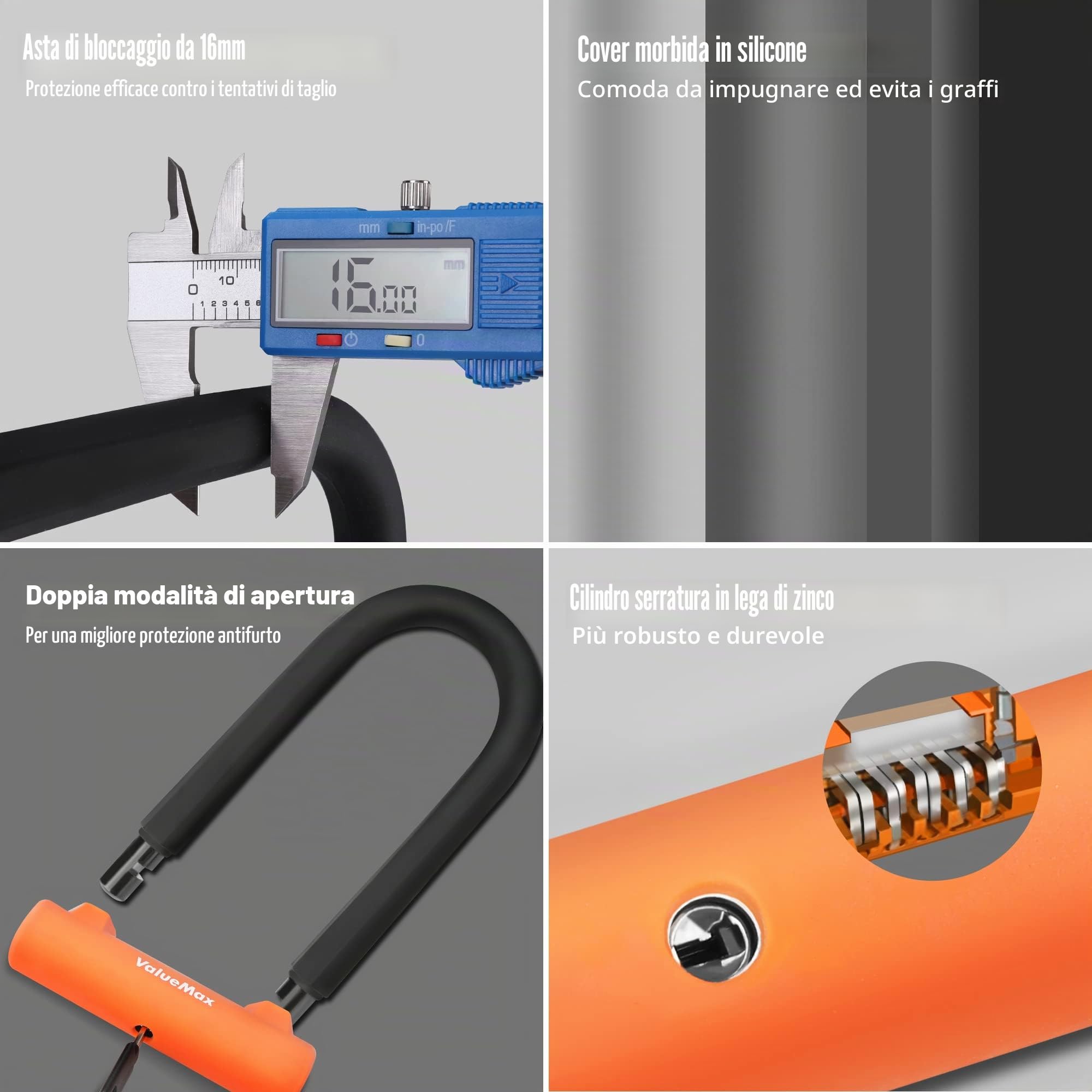 ValueMax Lucchetti a U per Bicicletta 2 in 1, Lucchetto per Bici a U con Cavo Flessibile da 1,8m e Supporto, Lucchetto Bici Antifurto a U per Biciclette, Veicoli Elettrici, Motocicli