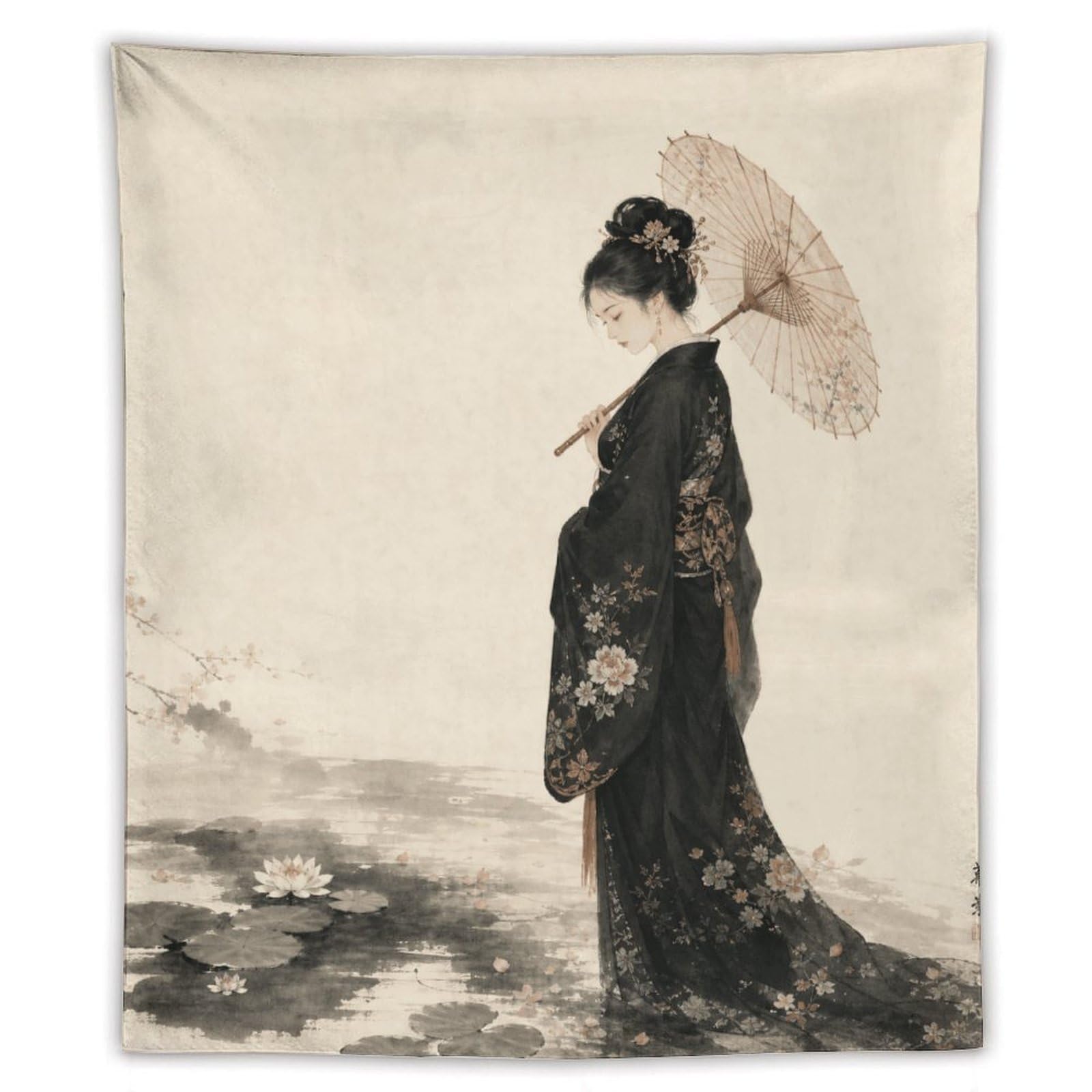 W7C8U2X3 Woman with Parasol Wall Tapestry, Ukiyo-e Style, Apartment