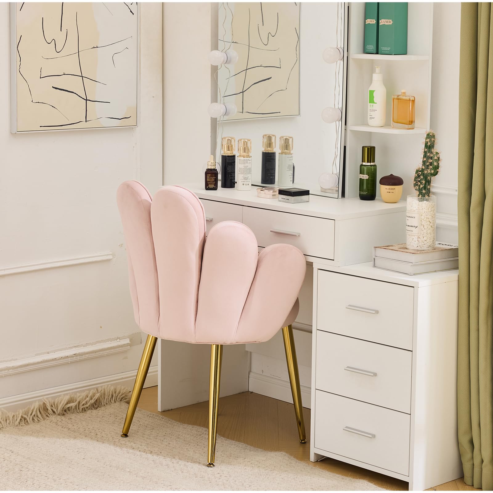 Schminktisch Stuhl mit Blütenblatt-Rückenlehne, Sessel Wohnzimmer, Lesesessel mit Schleifenkissen (Rosa)