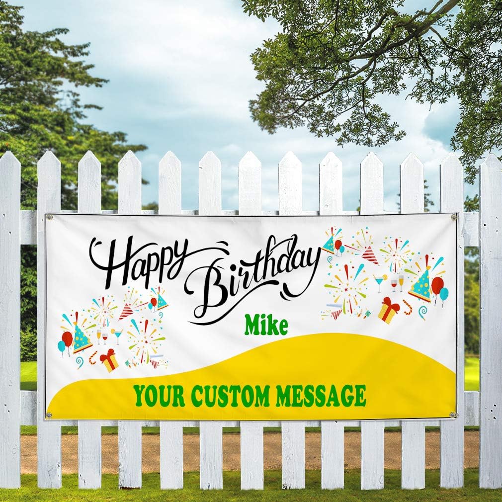 Custom Industrial Vinyl Banner Happy Birthday Boy Name Message Weatherproof Yard Signs 16x40inches