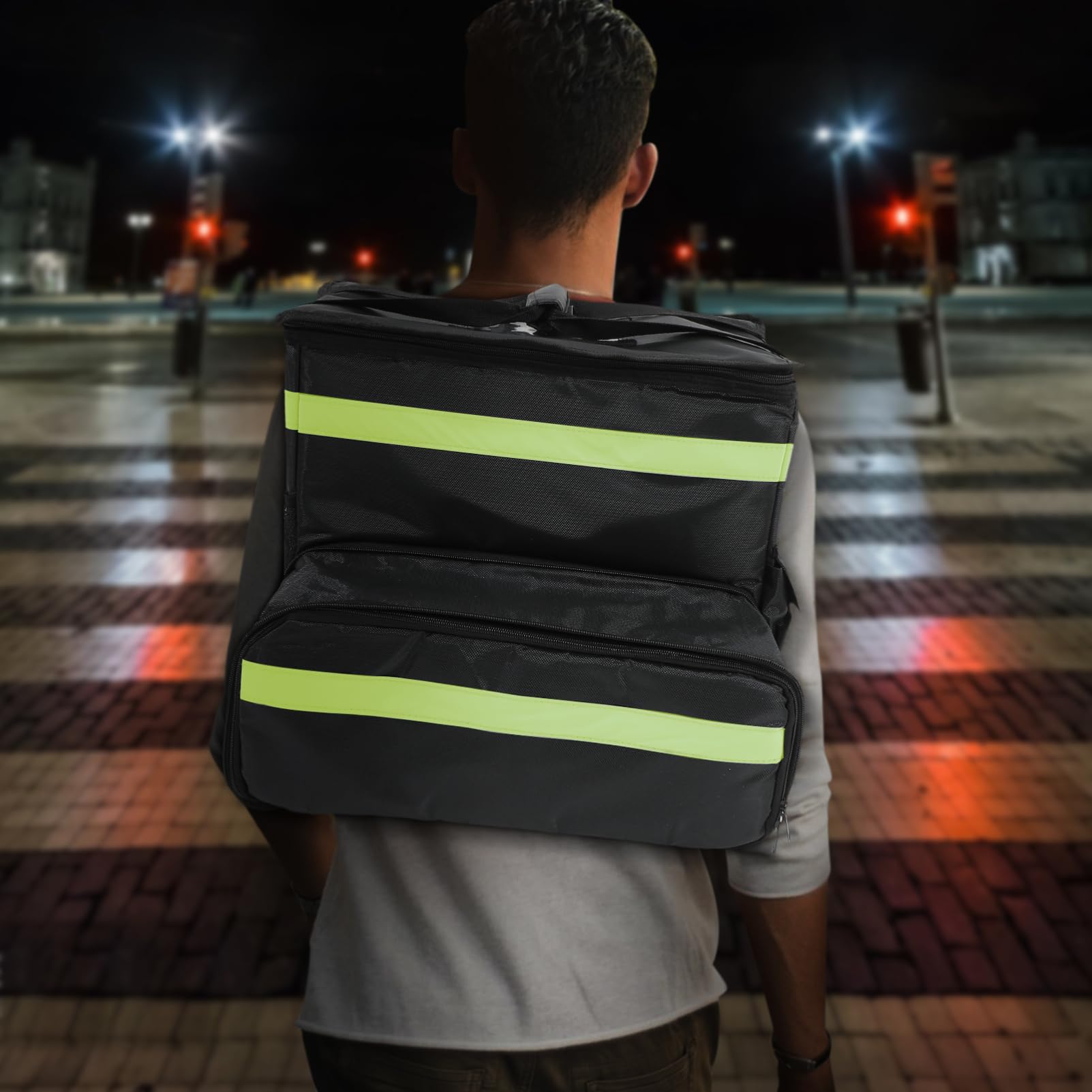OUNONA Mochila Térmica de Viaje Negra de Oxford para Pizza | Capacidad Grande, Bolsillo Frontal Ampliable, Tiras Reflectantes, Interior Espacioso para Reparto y Camping