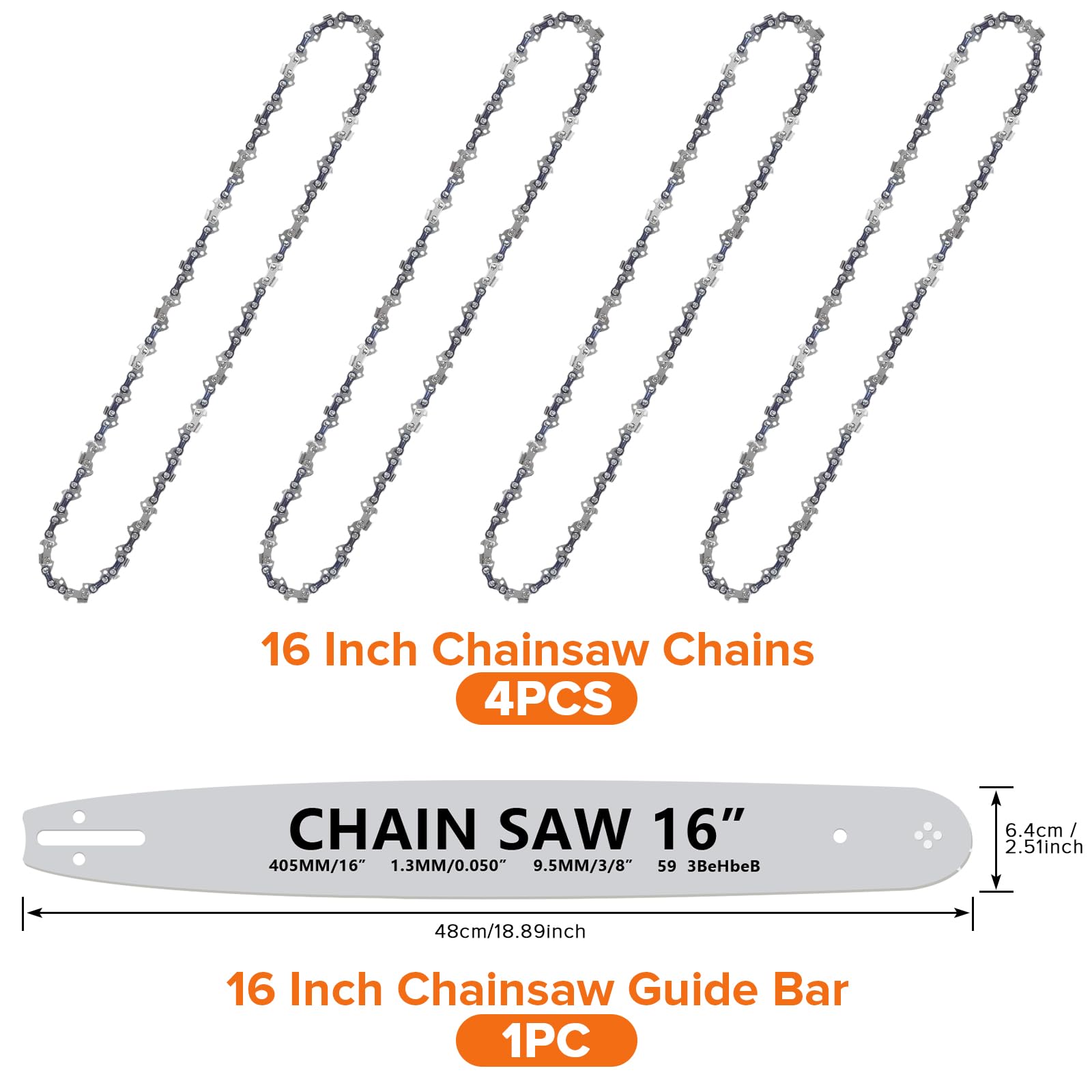 4 Stück 16 Zoll Sägeketten mit Schwert Länge 16"/40cm, 16" Kettensäge Kette, 59 Antriebsglieder, 0.050" Gauge(1.3mm), 3/8"Ersatzkette Profi Kette Passend für Diverse Motorsäge Kettensäge