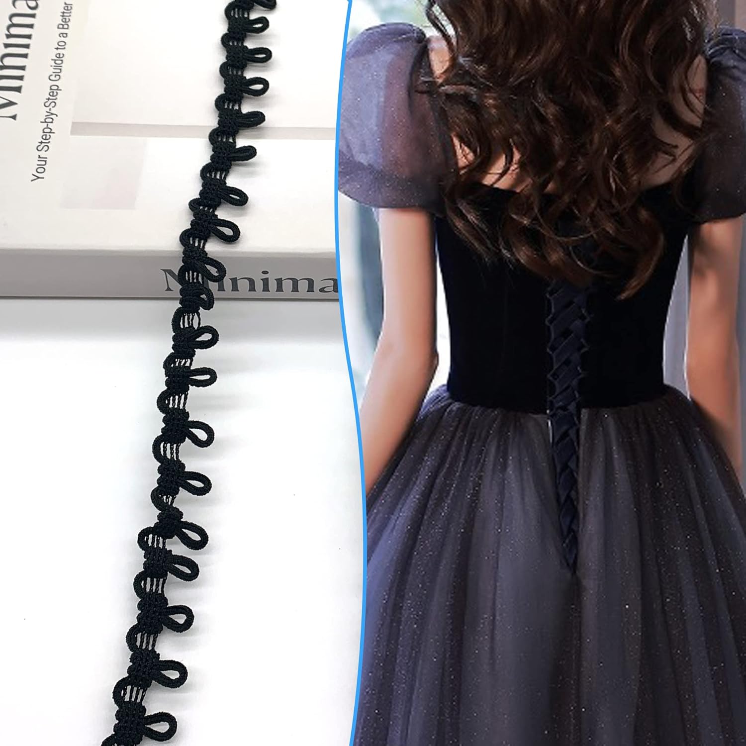 DHER Lace Ribbon Buttonhole Trim with Button Elastic Cord Eyelet 18M Elastic Buttonholes for Wedding Dresses, Elastic Buckles for Collars Women Decorations (Black)