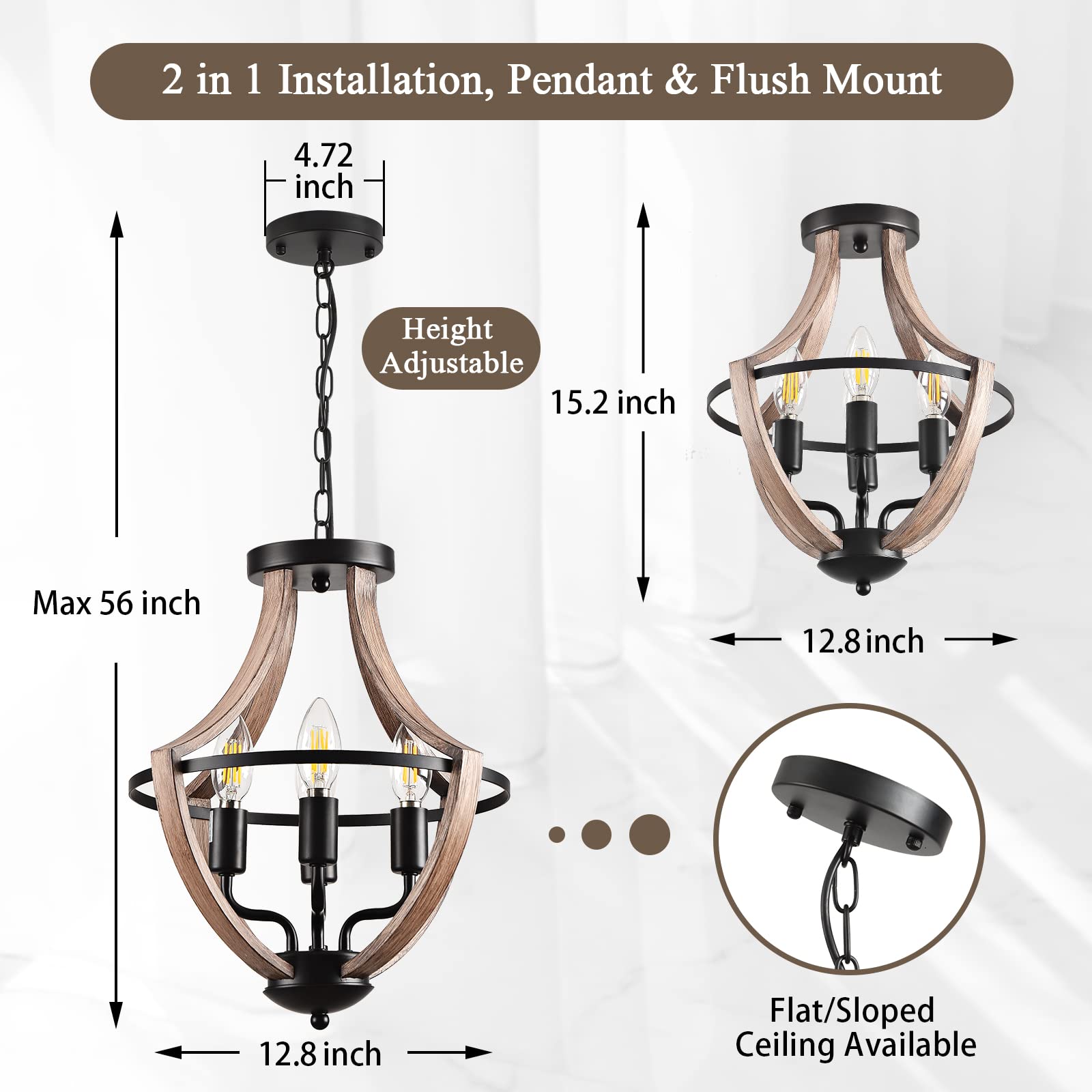 HOXIYA Farmhouse Chandelier 4-Light Hanging Pendant Lighting 13.1" Retro Flush Mount Ceiling Light Fixture Rustic Vintage Wood Industrial Modern Black Metal for Living Room Bedroom Hallway Kitchen - Image 3