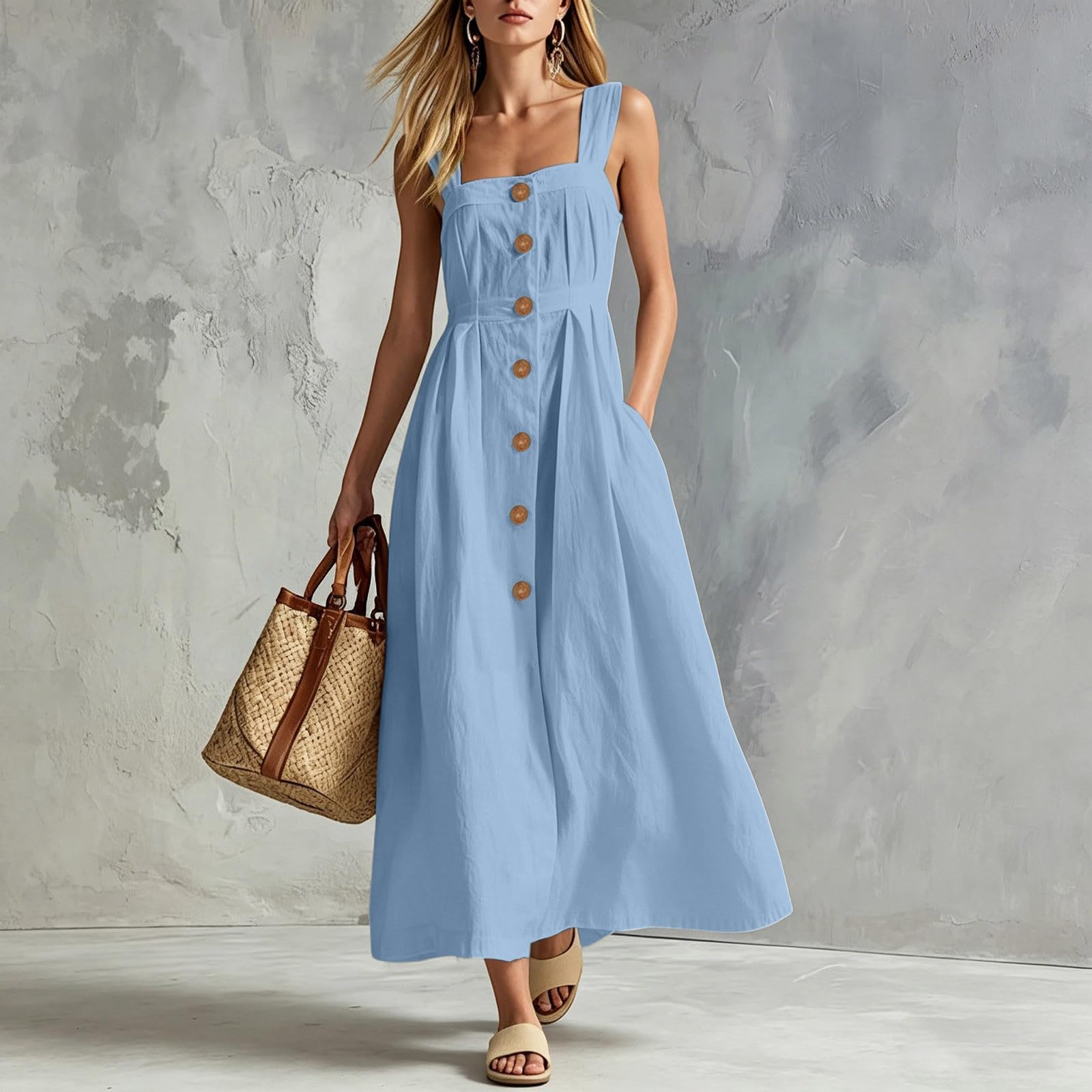 Vestidos de lino para mujer, vestido largo de verano con botones frontales, acampanado, cuello cuadrado, vestido casual de verano con bolsillos