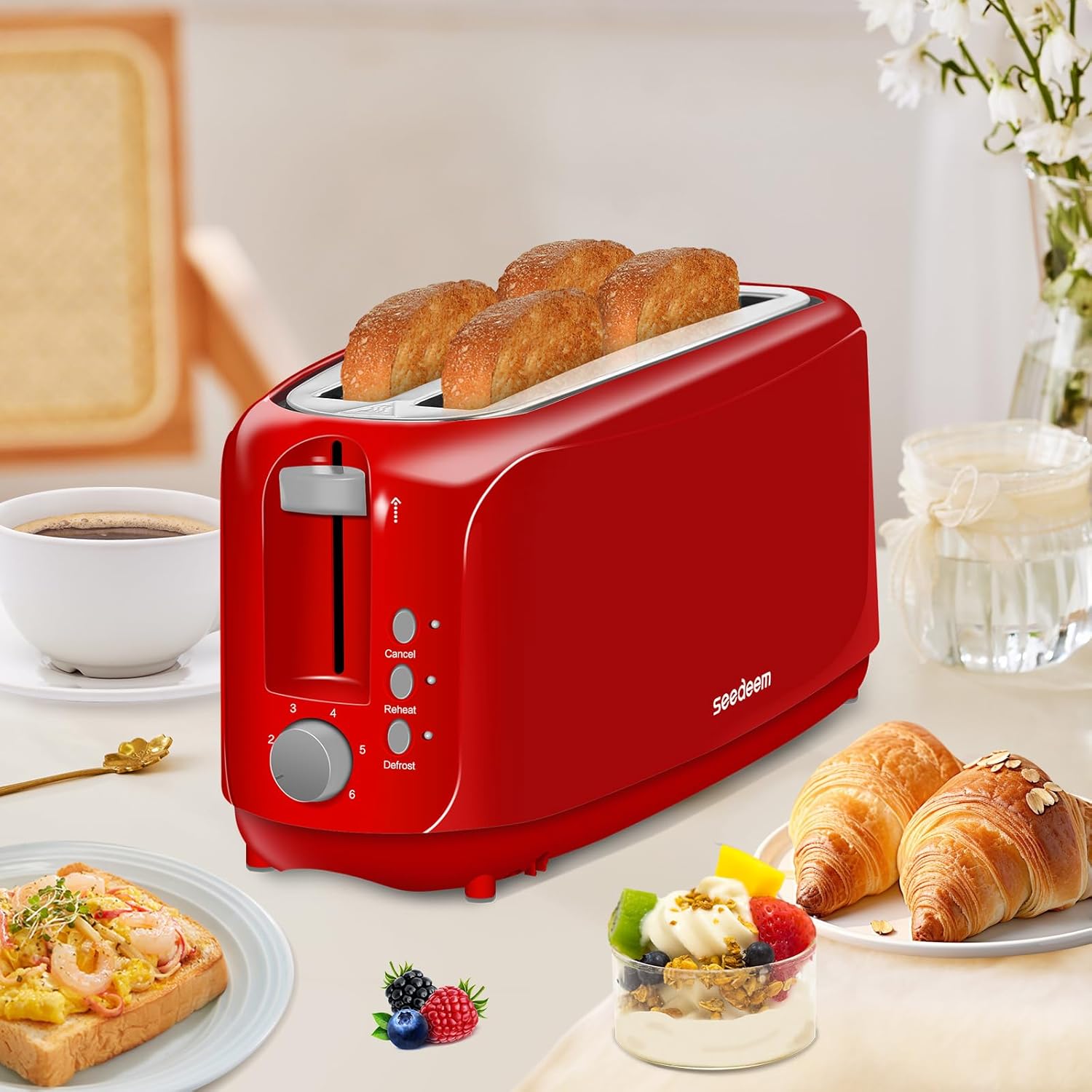 SEEDEEM 4 Slice Toaster, Extra Wide Slots Bread Toaster with 6 Shade Settings, Bagel/Cancel/Defrost/Reheat Functions, Removable Crumb Tray, Auto Shut-Off, Red