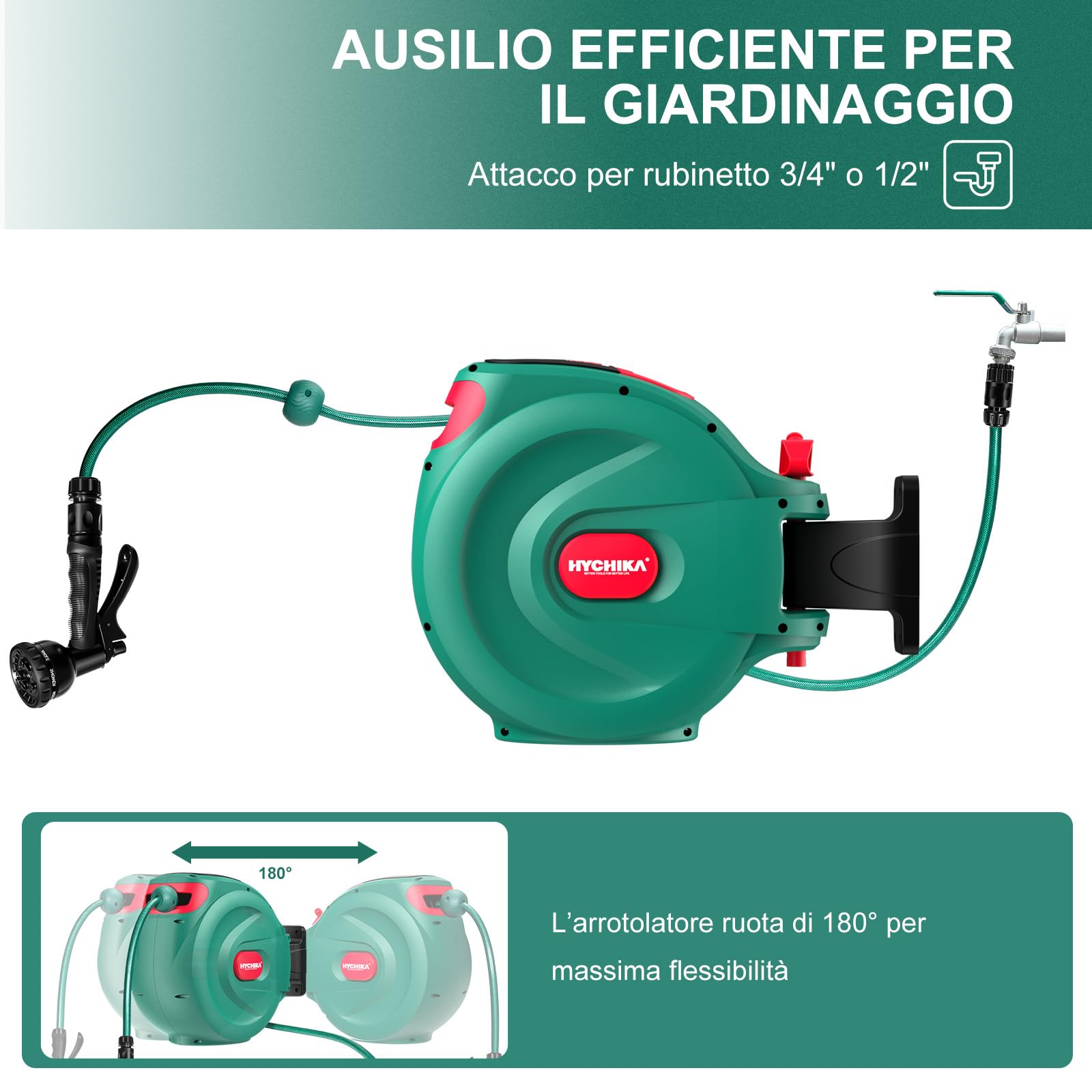 HYCHIKA Avvolgitubo da Giardino 30M - Aria Compressa Avvolgitubo Retrattile con Blocco Automatico, Ugello a 8 Funzioni, 180° Giro, Conservazione Sicura per Tubi d'Innaffiamento Esterni