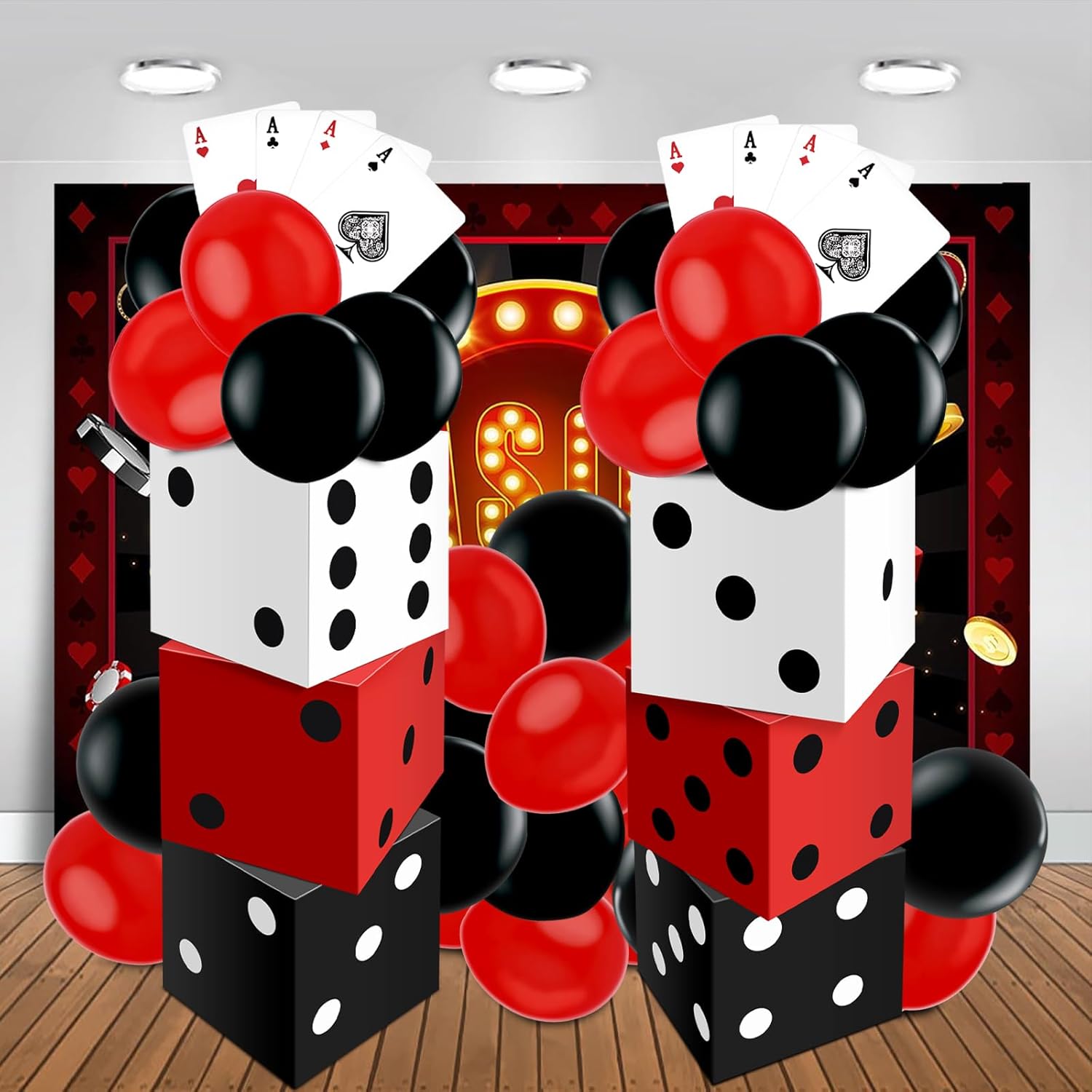Casino Theme Party Decorations, HYMENEX Game Night Decorations Include 6pcs 11in Large Casino Dice Boxes 12pcs Jumbo Poker Cards 36 Pcs Balloons for Game Las Vegas Themed Night Birthday Party Supplies