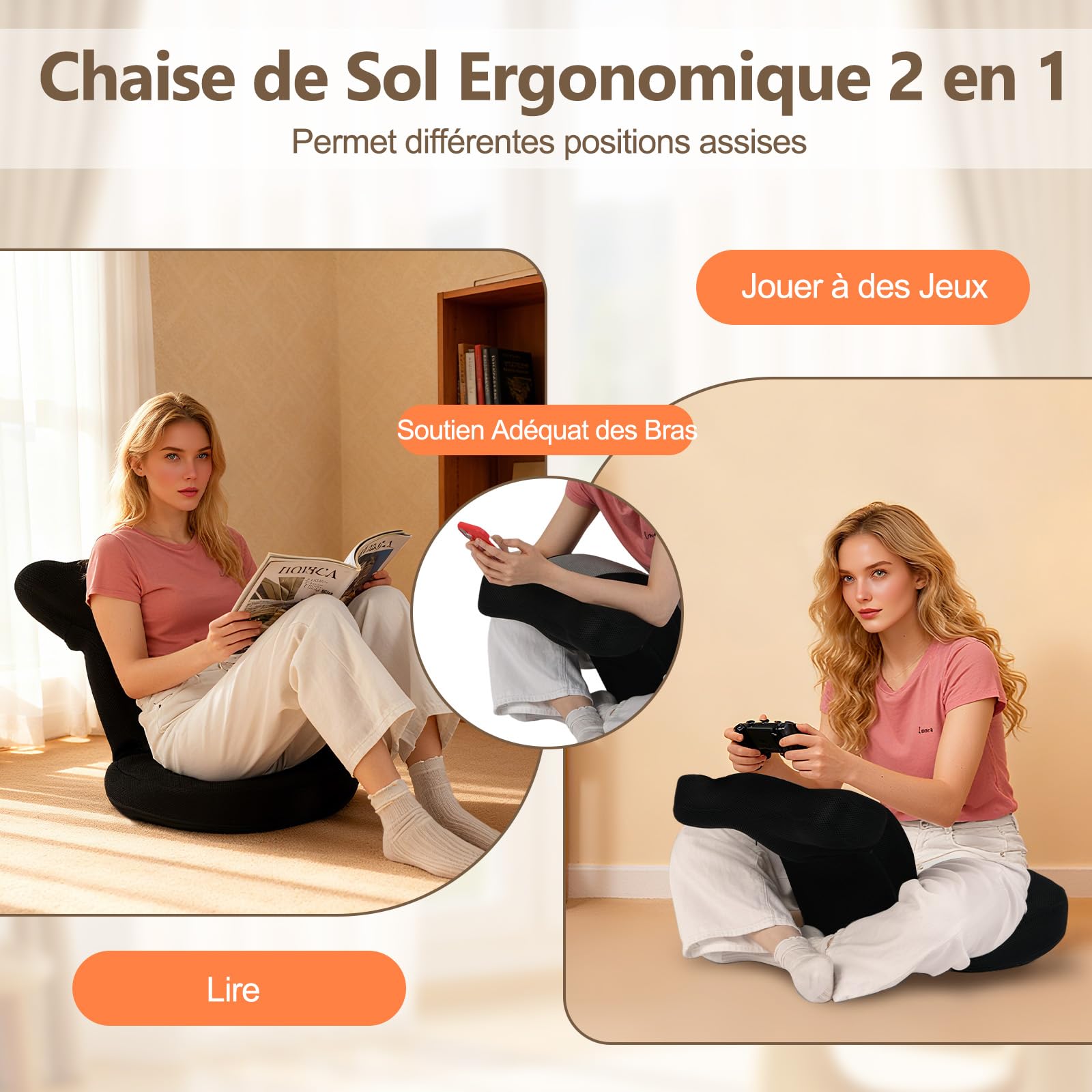 GOPLUS Fauteuil de Sol avec Appui-tête et Dossier Réglables, Assise Rembourrée en Mousse, Chaise Canapé Paresseuse Pliable pour Méditation, Lecture, Jeu,Charge 140 KG (Gris)
