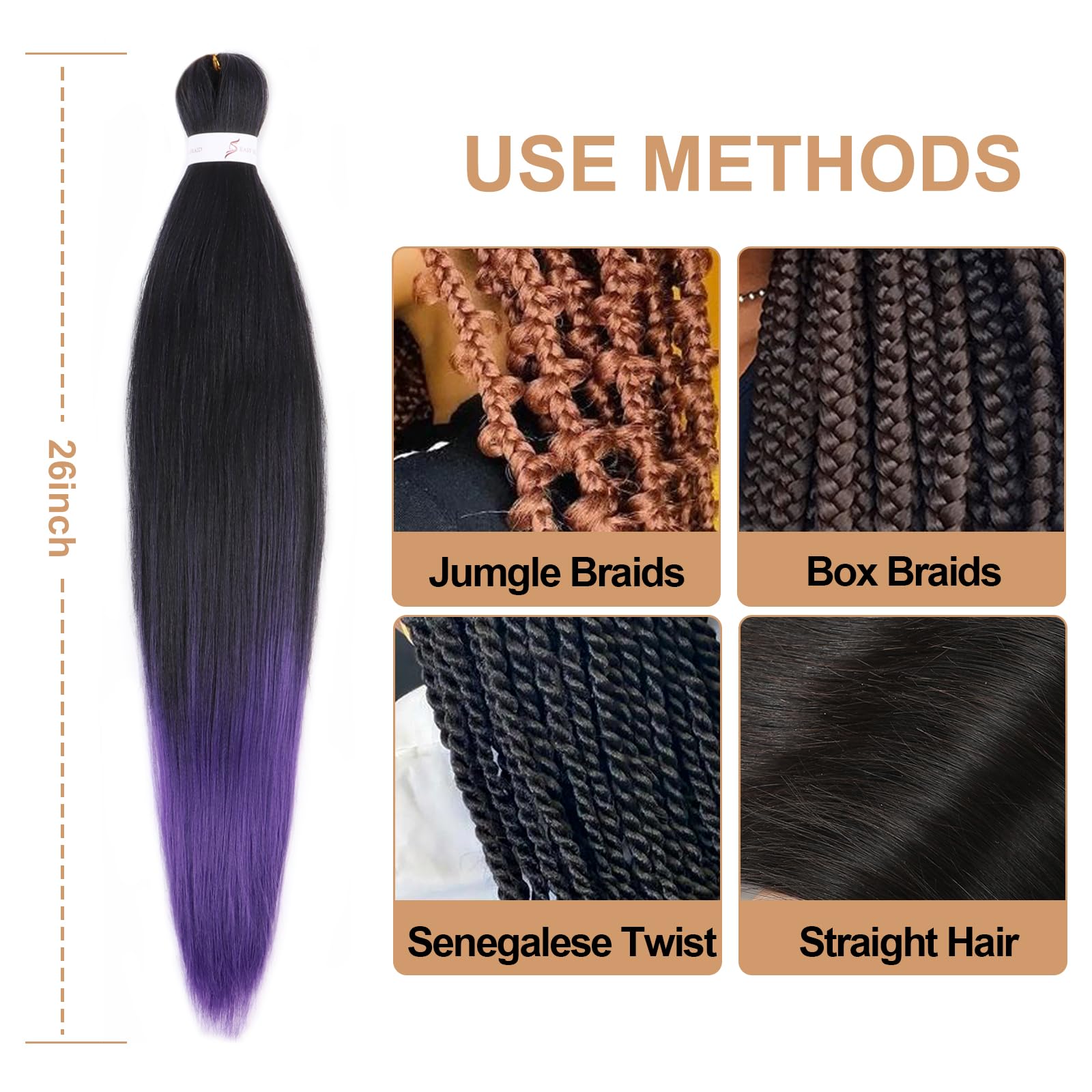 Extensiones de cabello trenzado preestirado de color negro a morado degradado, 26 pulgadas, 3 paquetes de cabello trenzado preestirado EZ trenzado, extensiones de cabello sintético para trenzas de