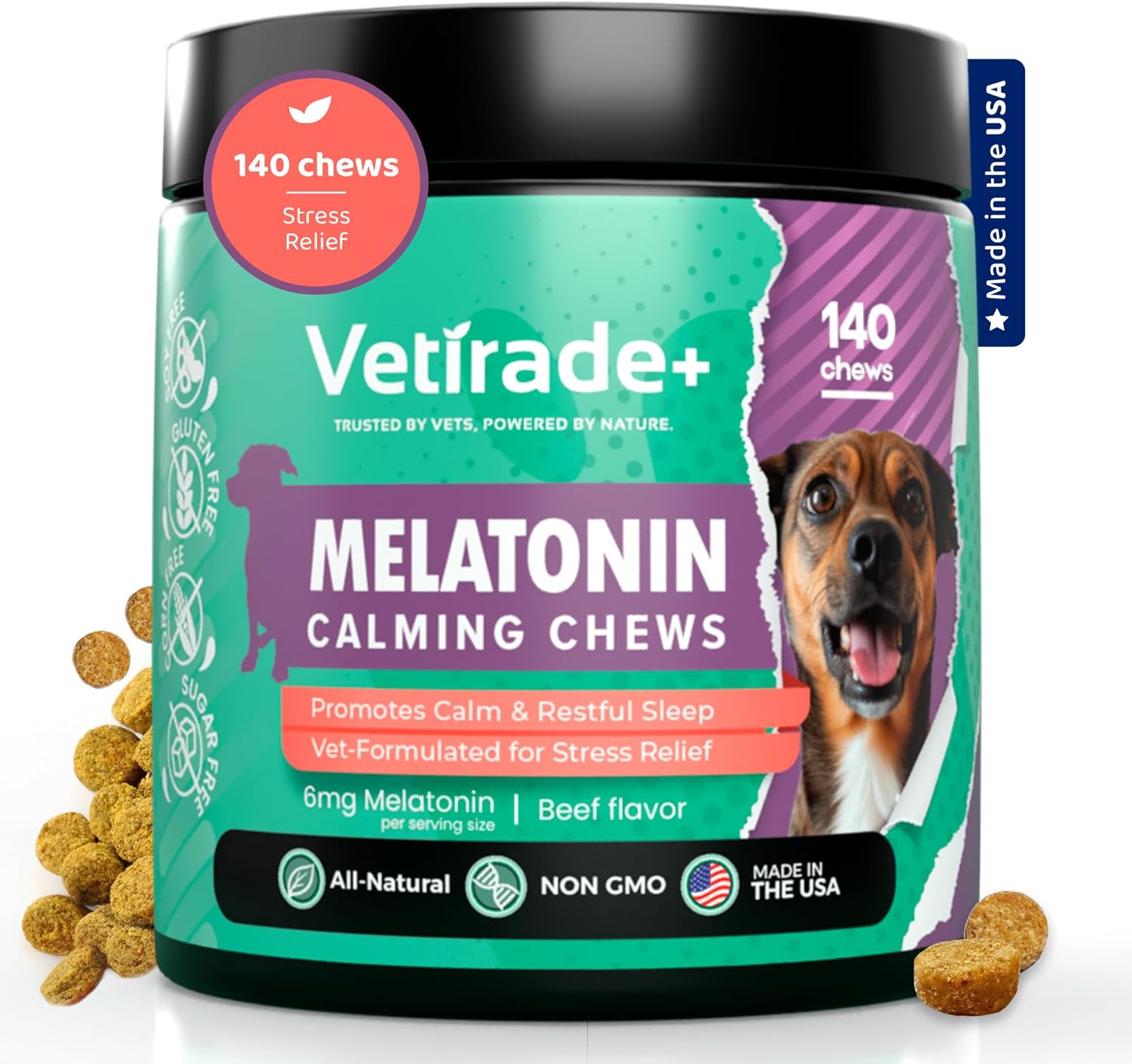 140 Melatonin Calming Chews for Dogs – Beef Flavor Melatonin for Dogs Anxiety and Relaxation Aid for Thunderstorms, Fireworks, Car Sickness and Separation 140 Melatonin Calming Chews for Dogs – Beef Flavor Melatonin for Dogs Anxiety and Relaxation Aid for Thunderstorms, Fireworks, Car Sickness and Separation