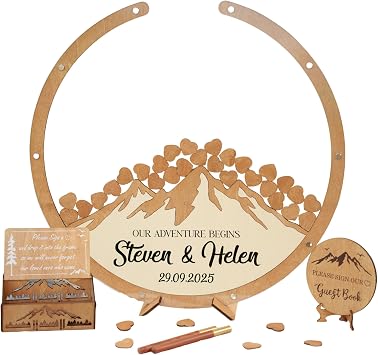 Personalized Mountain Wedding Guest Book Alternative Wooden Heart Drop Box | Rustic wood drop box with wooden hearts guests sign, unique wedding reception guest sign-in keepsake and decor