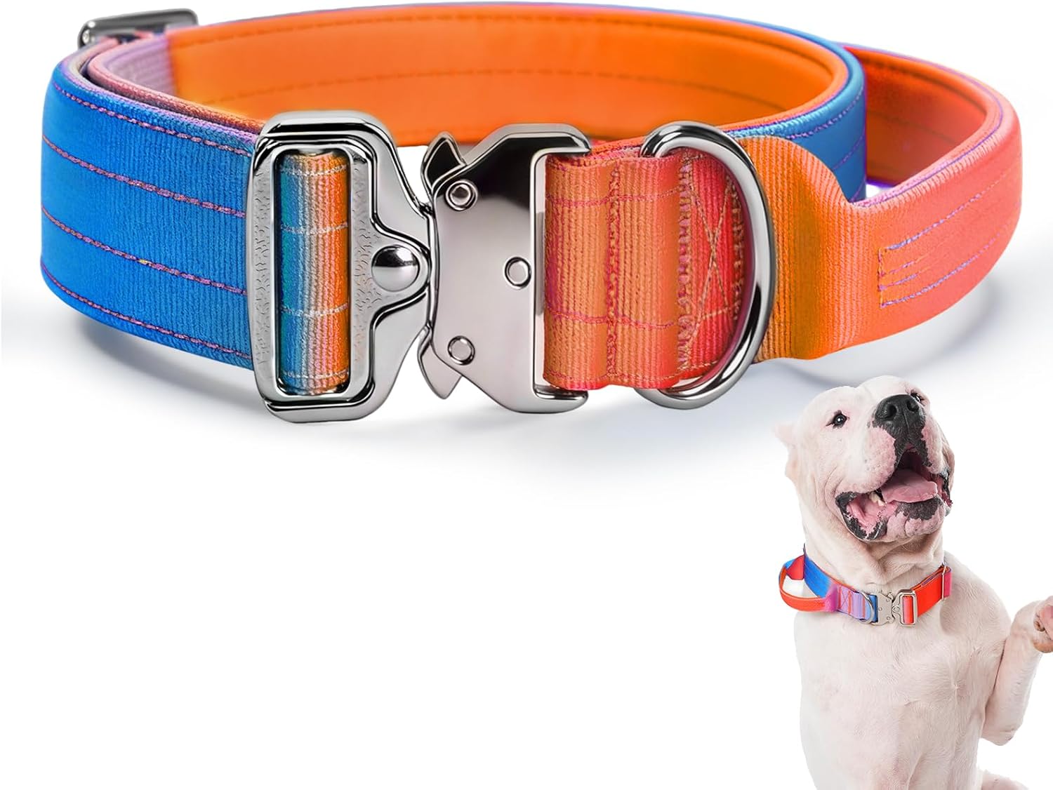 Tactical Dog Collar, Adjustable Heavy Duty Dog Collar with Handle Soft Neoprene Padded Training Collar with Quick Release Metal Buckle for Large Dogs (Gradient Pink, XL)