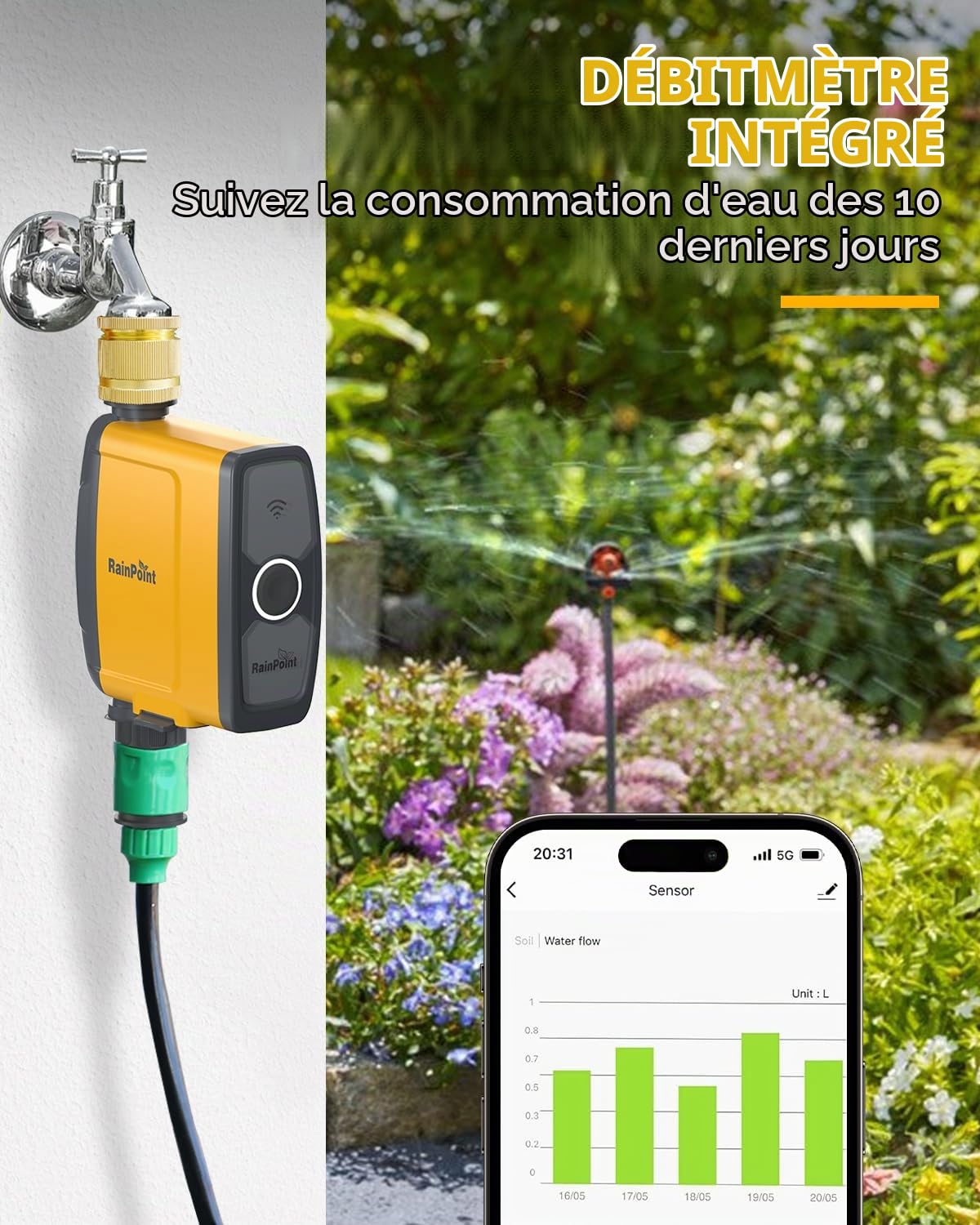 RAINPOINT Programmateur Arrosage WiFi 2,4 GHz, Entrée en Laiton, Minuteur Arrosage Automatique avec App/Commande Vocale, Irrigation Basée sur la Météo/L'humidité du Sol pour Jardin, Pelouse, Serre