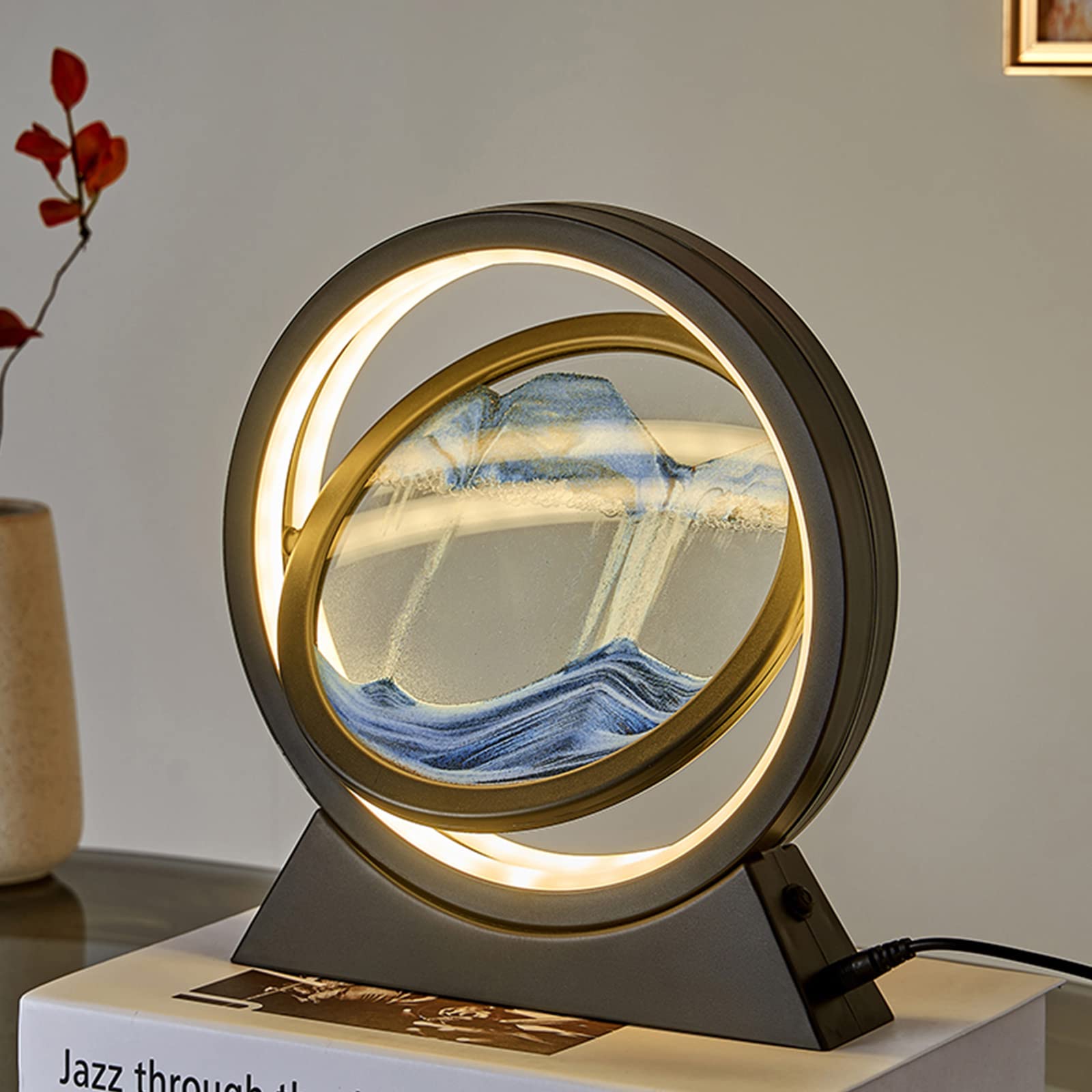 Immagine artistica con sabbia mobile con luce 3D con display di movimento del mare profondo, lampada da tavolo che scorre con pittura di sabbia notturna, lampada da scrivania per casa e ufficio