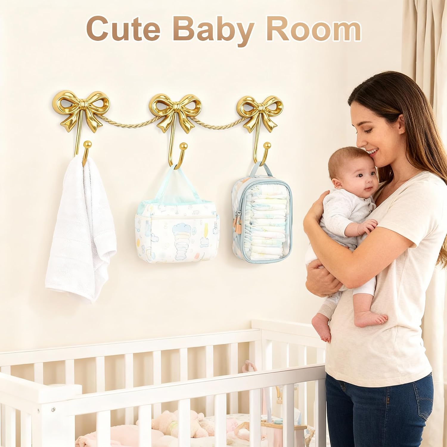 Gold Bow Decor for Girls Room Decor - 3-Link Mental Gold Bow Hooks for Wall, Golds Bows Hangers for Coats, Bags, Bath Towels, Bathroom, Loveshackfancy Decor, Girl Nursery ,Coquette Room, 14.1*4.5‘’