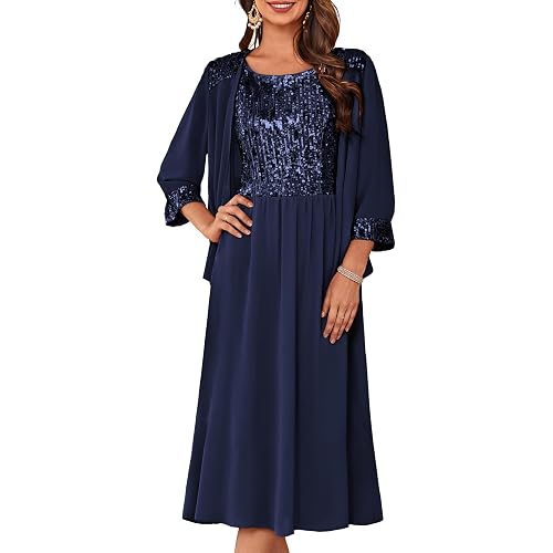 GRACE KARIN Formal Wedding Guest Dress Sequin Mother of The Bride Dresses | Two Piece,3/4 Sleeve,Tea Length,Crew Neck,Fit and Flare,Chiffon,Suitable for Spring/Summer/Fall/Winter/Cocktail/Party/Prom