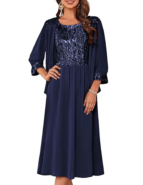 GRACE KARIN Wedding Guest Dress Mother of The Bride Dresses Two Piece Formal Sequin Dress with Jacket Tea