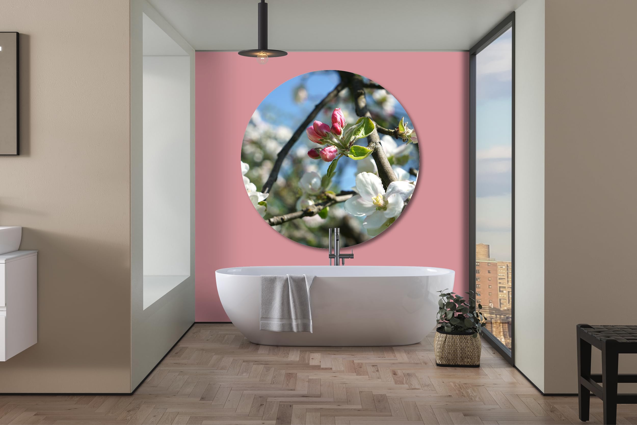 Glücksvilla - Fioritura dei meli 4 (vetro + acrilico 4 mm, Ø 120 cm) | varie misure - quadro murale rotondo - giardino fiori fioritura pianta natura botanica albero ramo ciliegia